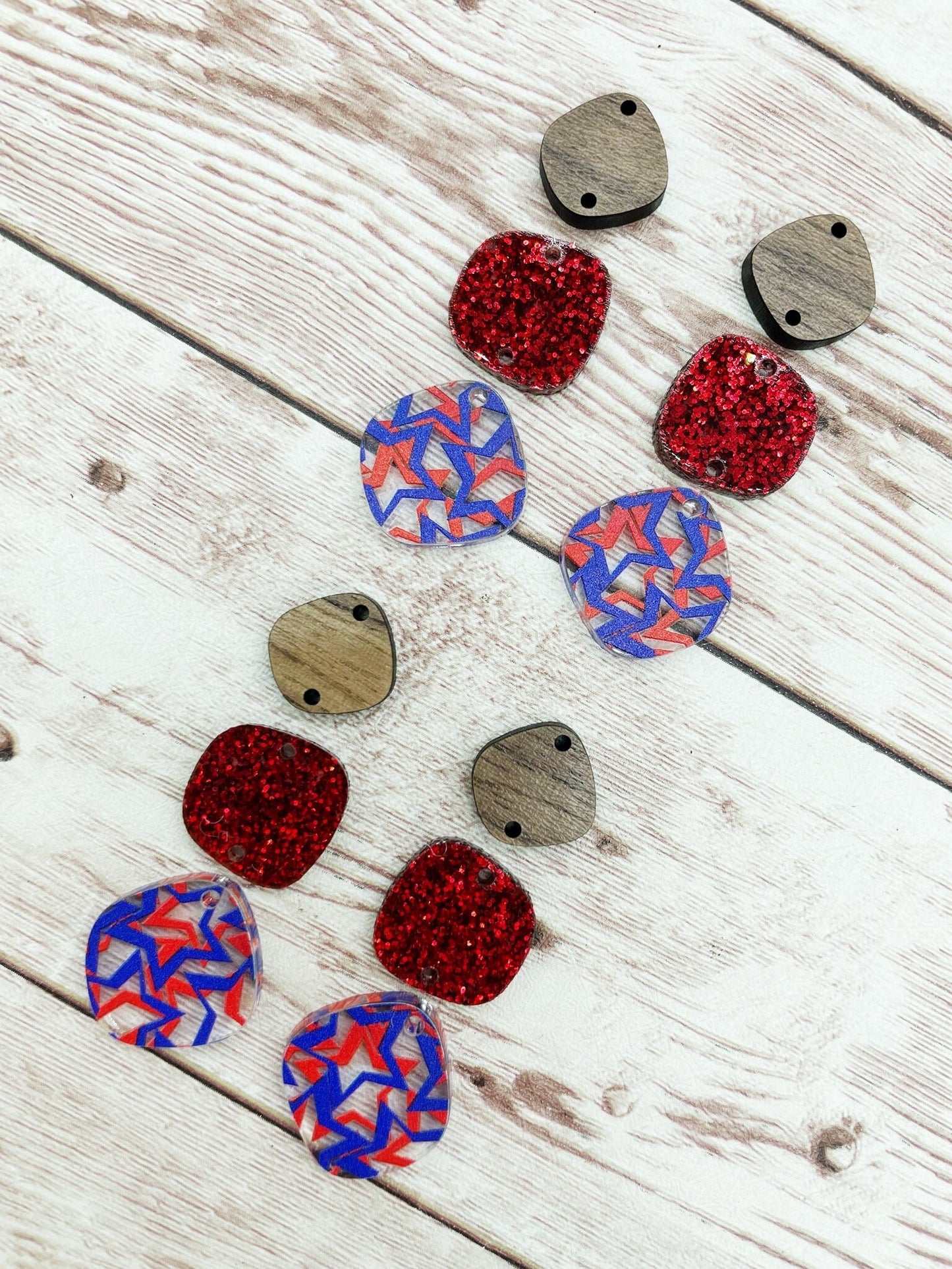Patriotic Star Print Acrylic Glitter and Wood Trio Set Earring Blanks, DIY Jewelry Making