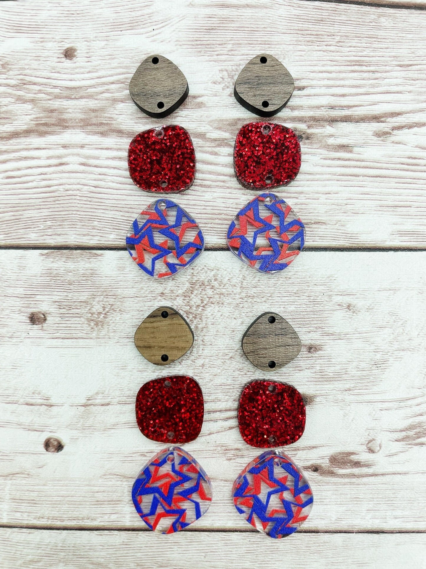 Patriotic Star Print Acrylic Glitter and Wood Trio Set Earring Blanks, DIY Jewelry Making