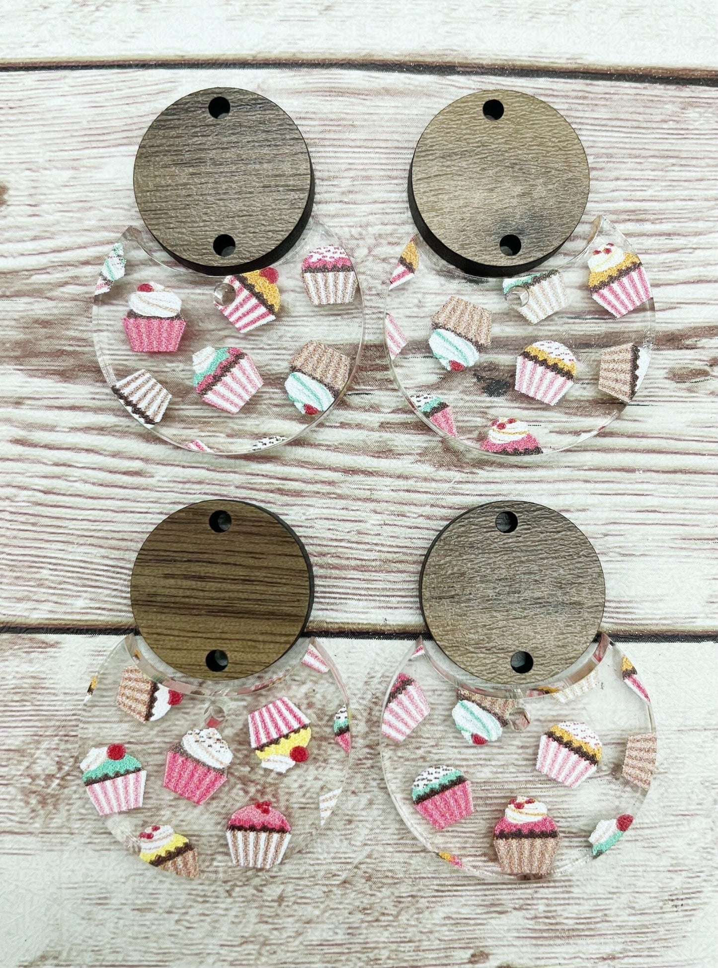 Patterned Cupcake Print Acrylic and Wood Circle Set Earring Blanks, DIY Jewelry Making