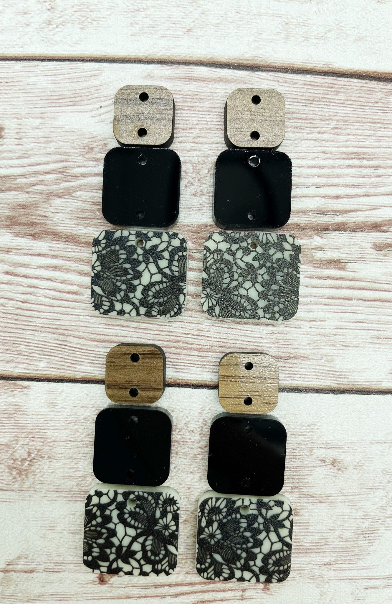 Ivory Lace Acrylic Black Acrylic and Wood Square Trio Set Earring Blanks, DIY Jewelry Making