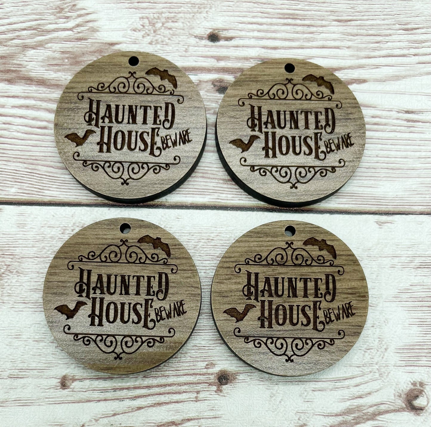 Wood Circle Engraved Halloween Haunted House Earring Blanks, Finished Walnut Blank, DIY Jewelry Making