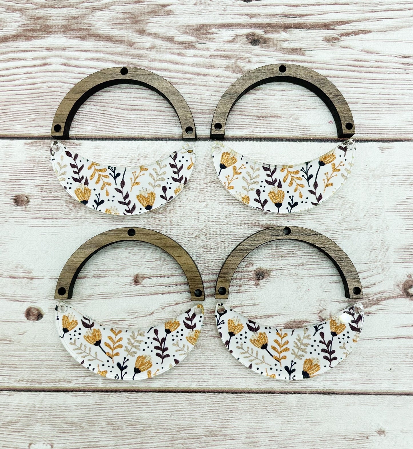 Patterned Fall Floral Acrylic and Wood Arch Crescent Earring Blanks, DIY Jewelry Making