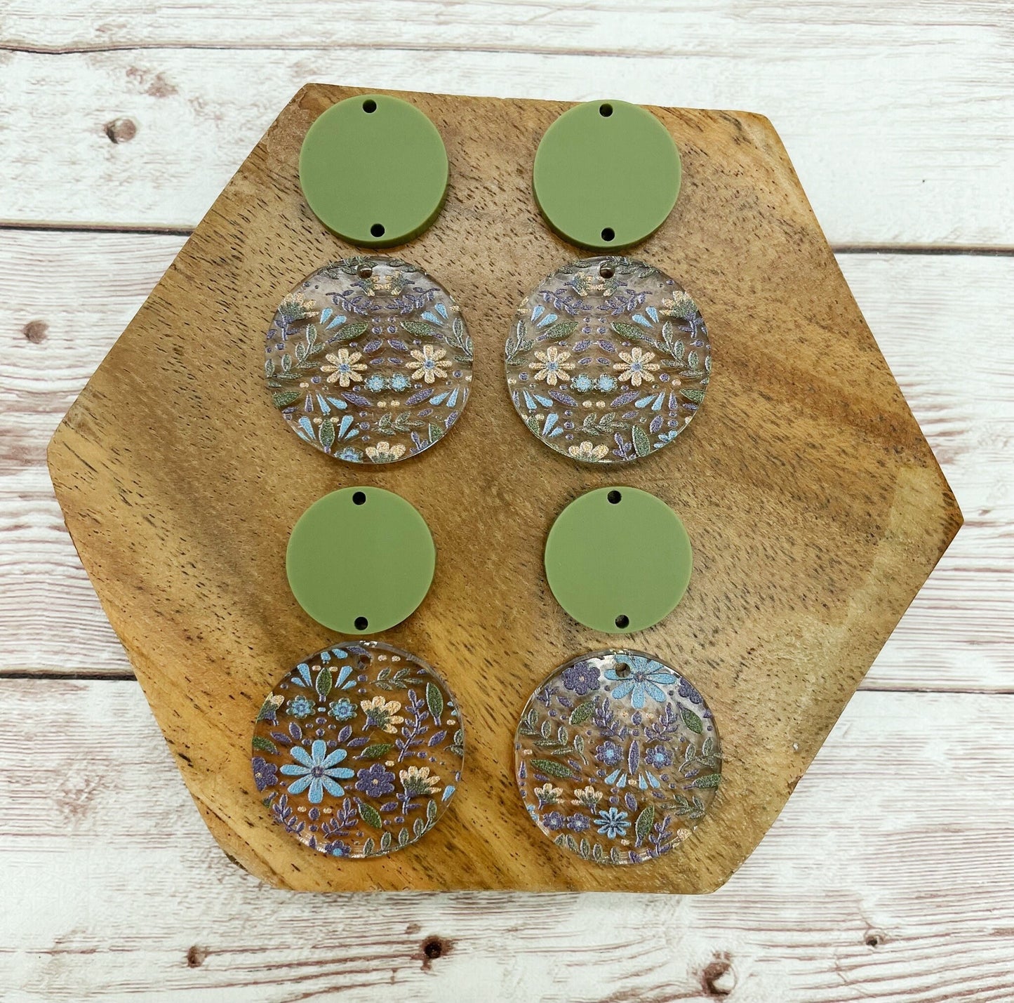 Green Blue Purple Floral Print Acrylic and Olive Green Acrylic Circle Set Earring Blanks, DIY Jewelry Making