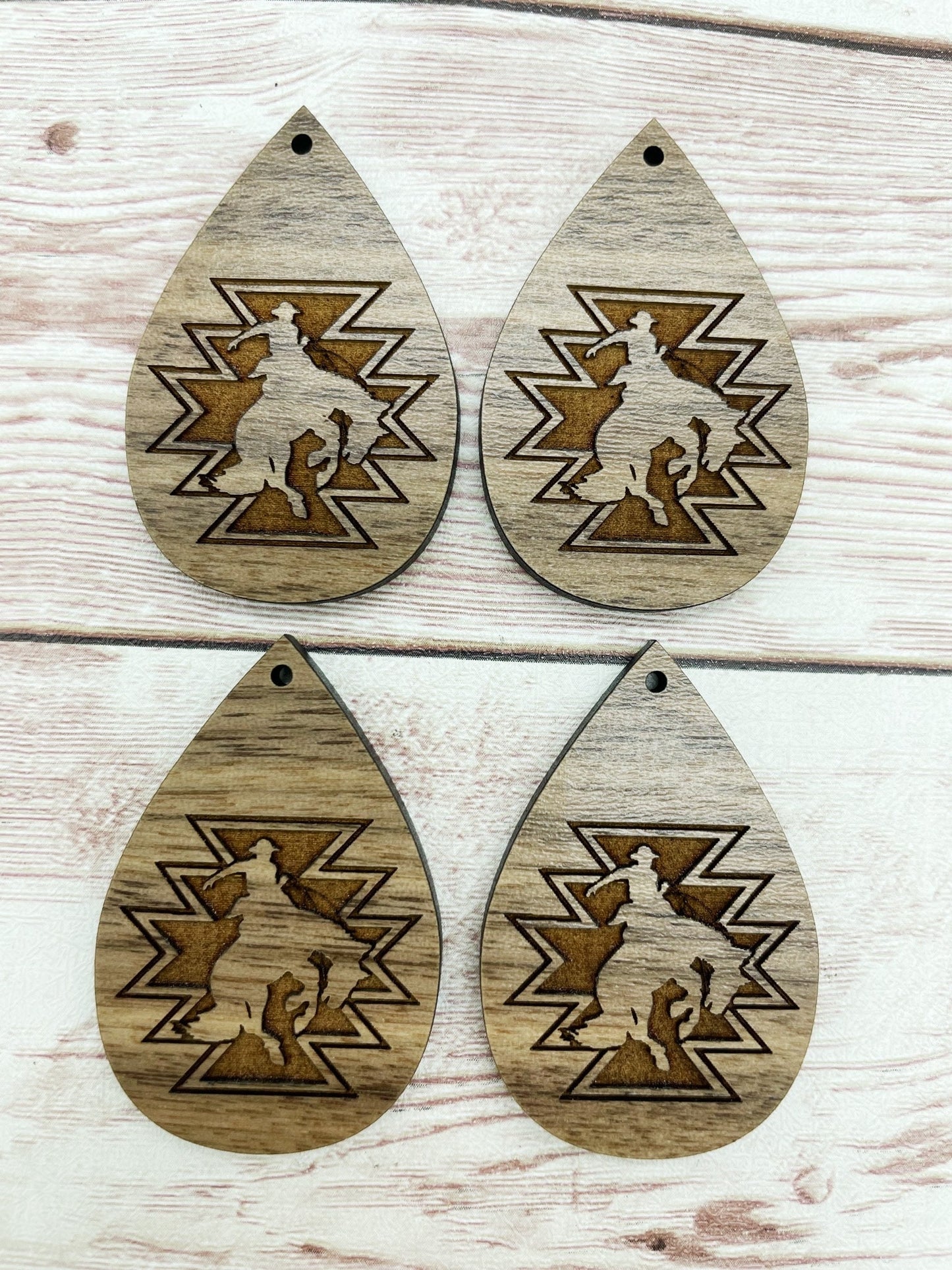 Wood Teardrop Engraved Aztec Rodeo Cowboy Earring Blanks, Finished Walnut Blank, DIY Jewelry Making