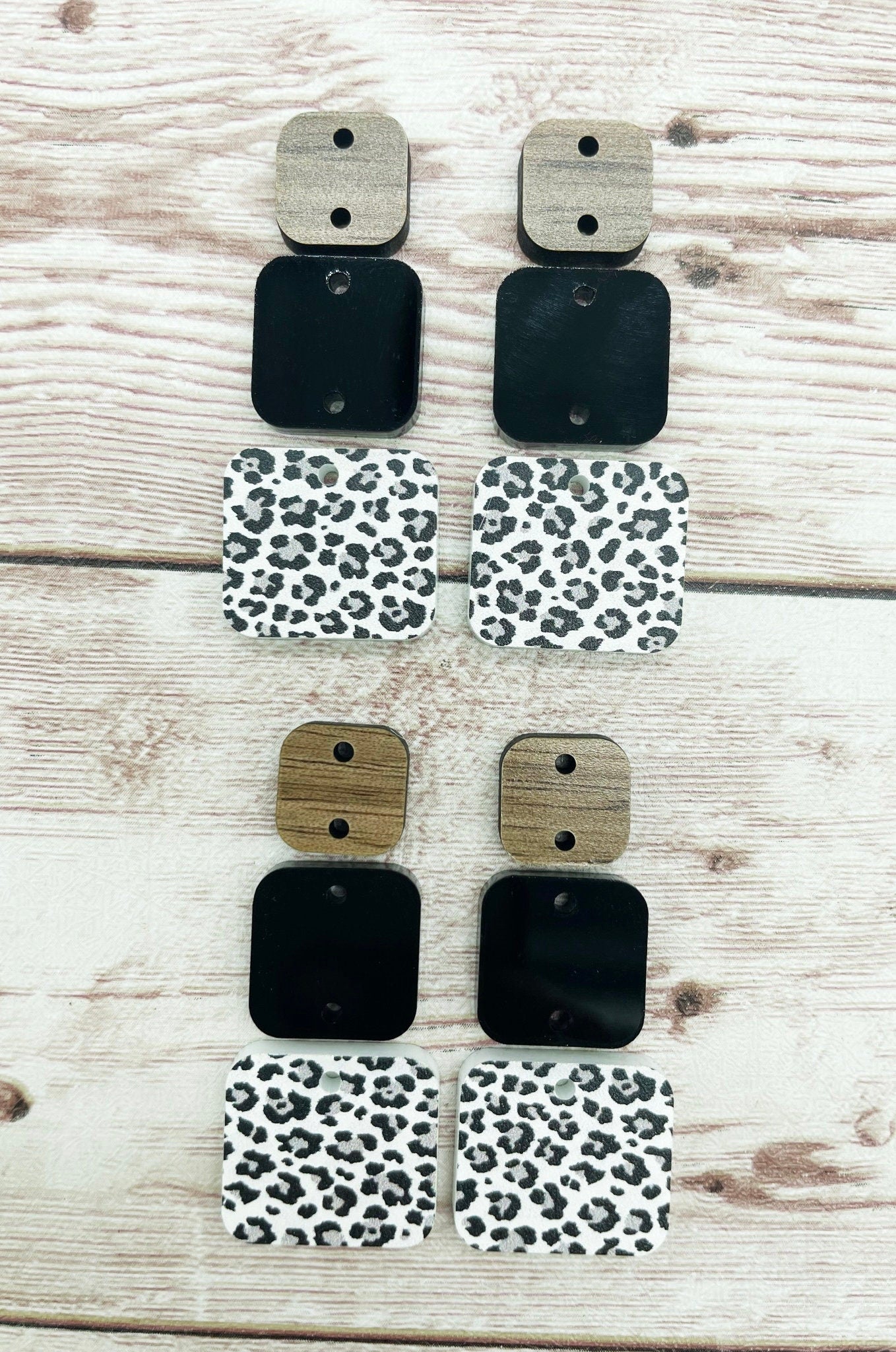 Snow Leopard Acrylic Black Acrylic and Wood Square Trio Set Earring Blanks, DIY Jewelry Making