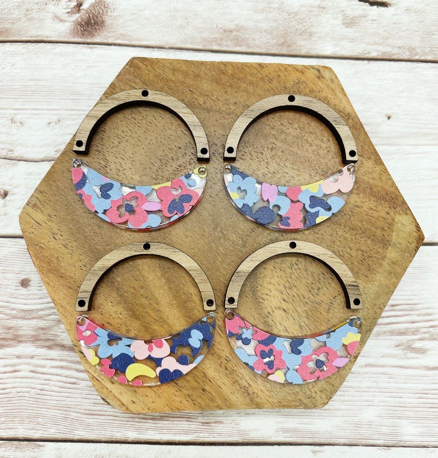 Multicolor Floral Acrylic and Wood Arch Crescent Earring Blanks, DIY Jewelry Making