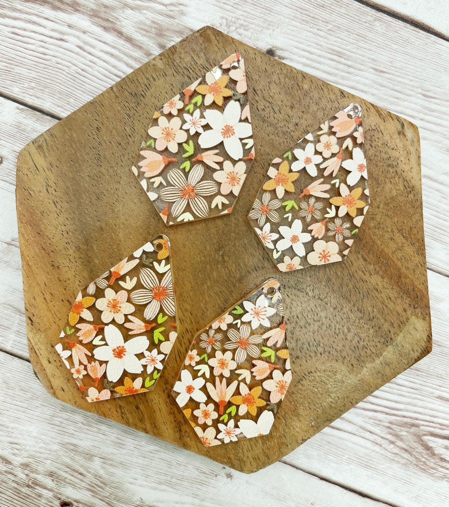 Patterned Orange Floral Print Acrylic Diamond Teardrop Earring Blanks, DIY Jewelry Making