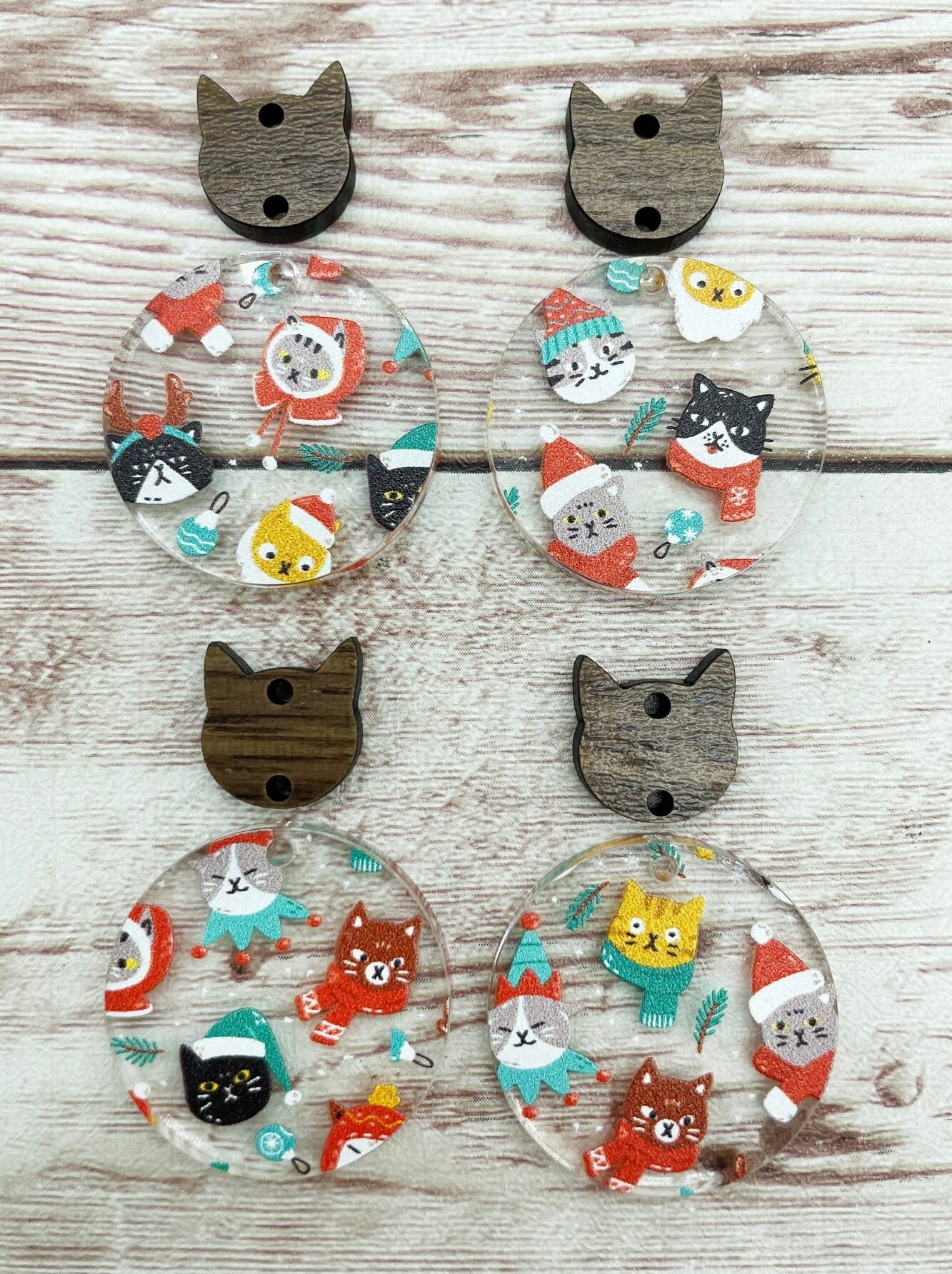 Christmas Winter Cat Print Acrylic and Wood Cat Connector Set Earring Blanks, DIY Jewelry Making