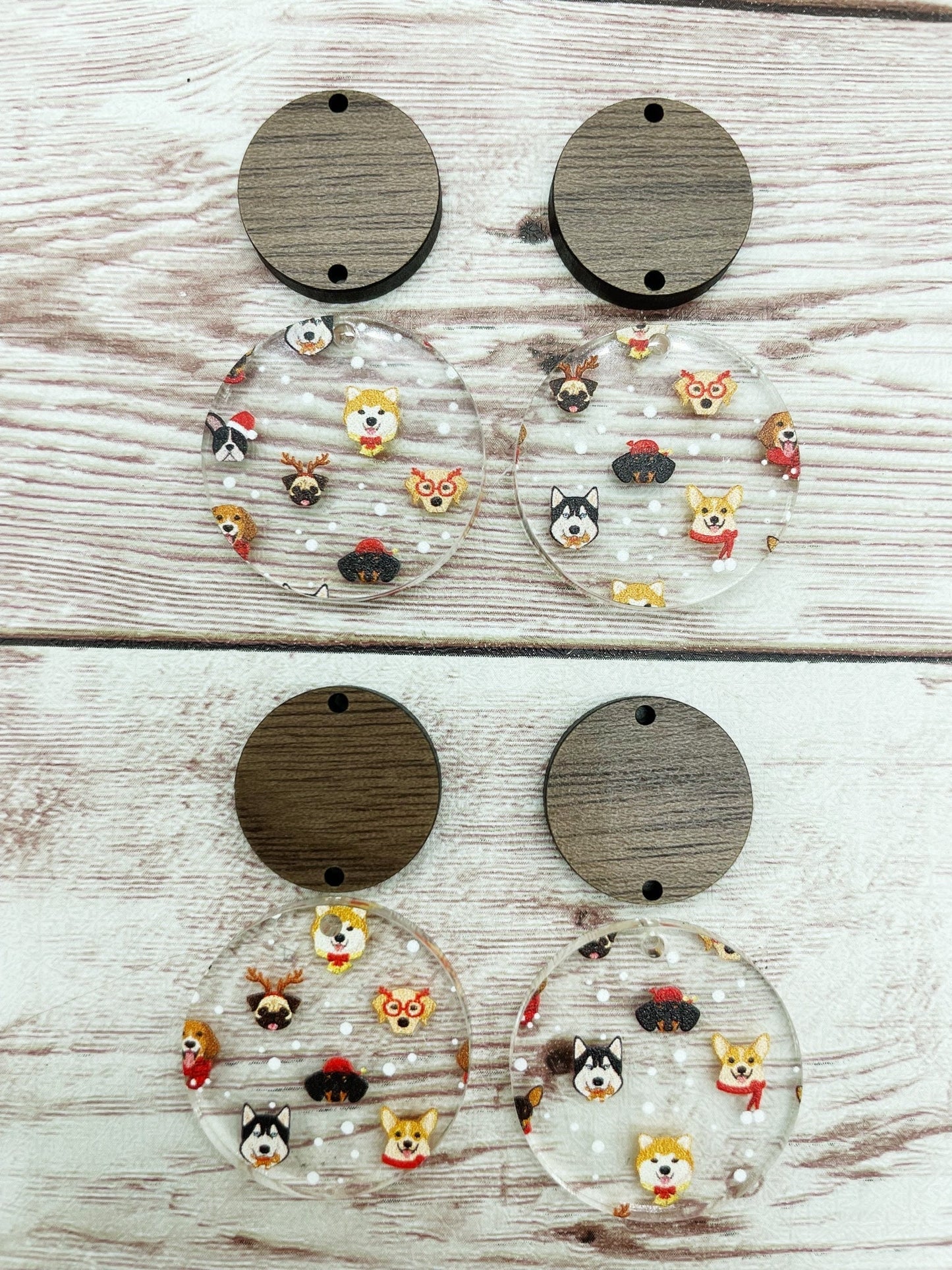 Winter Christmas Dog Print Acrylic and Wood Circle Set Earring Blanks, DIY Jewelry Making