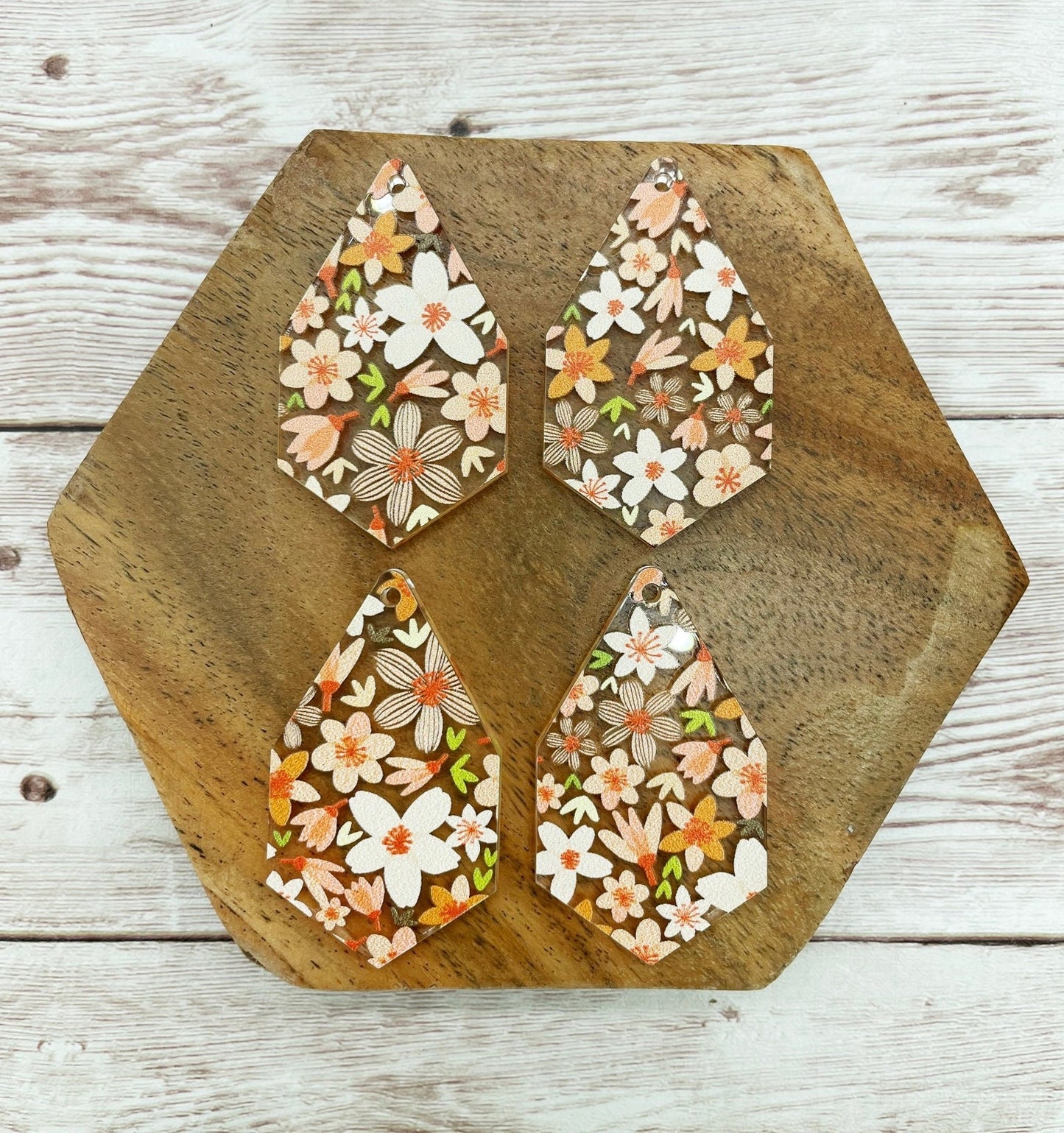Patterned Orange Floral Print Acrylic Diamond Teardrop Earring Blanks, DIY Jewelry Making