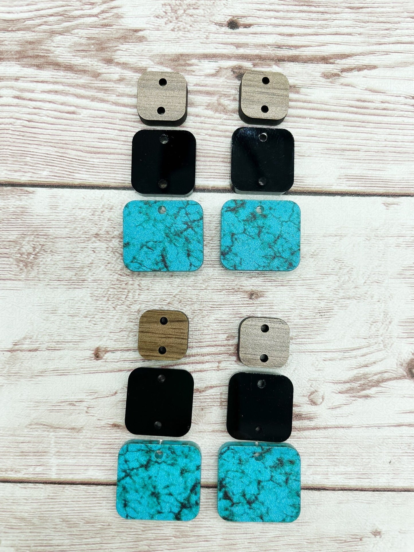 Turquoise Acrylic Black Acrylic and Wood Square Trio Set Earring Blanks, DIY Jewelry Making