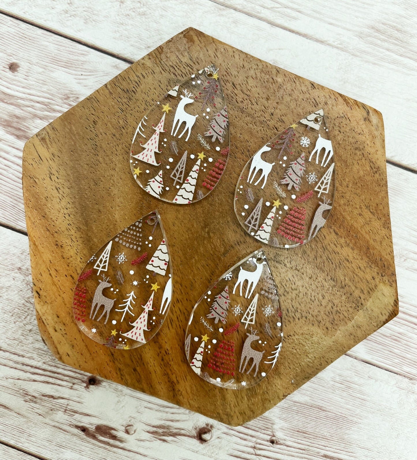 Patterned Deer Tree Christmas Print Acrylic Teardrop Earring Blanks, DIY Jewelry Making