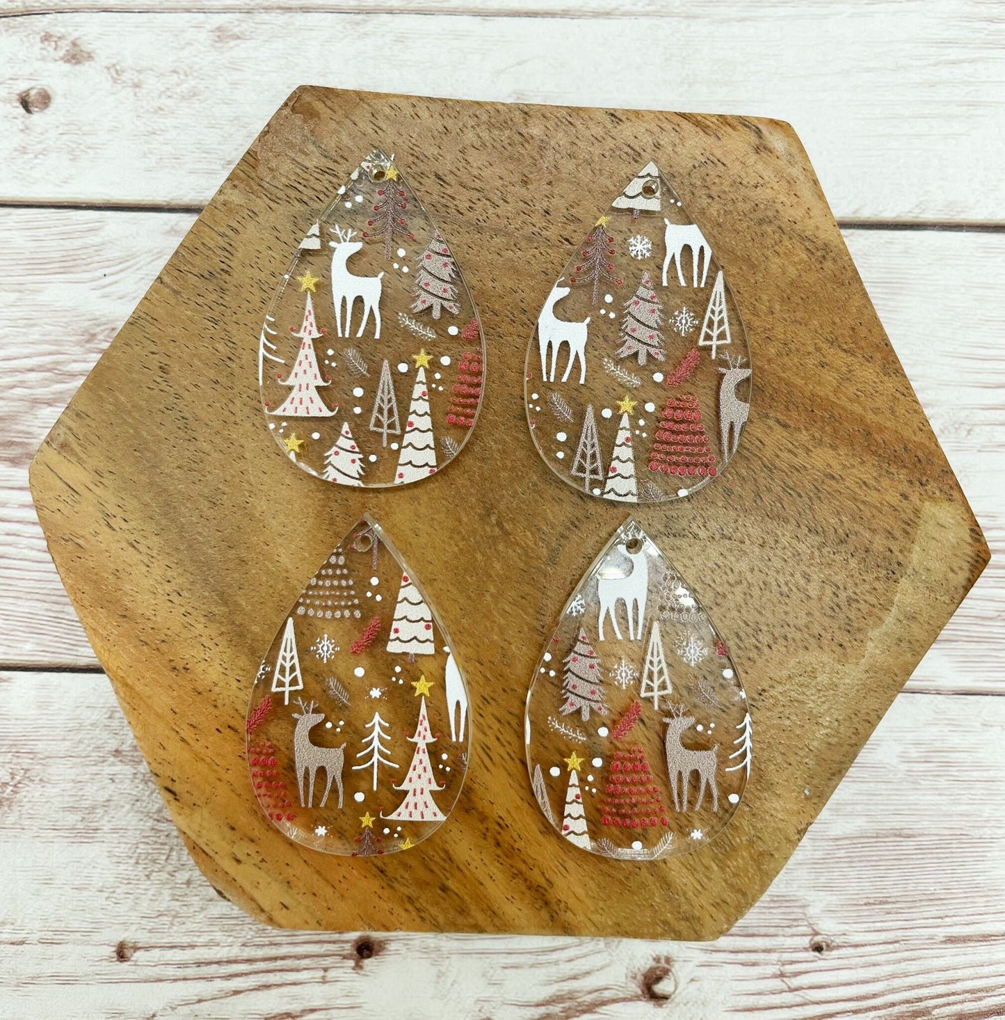 Patterned Deer Tree Christmas Print Acrylic Teardrop Earring Blanks, DIY Jewelry Making