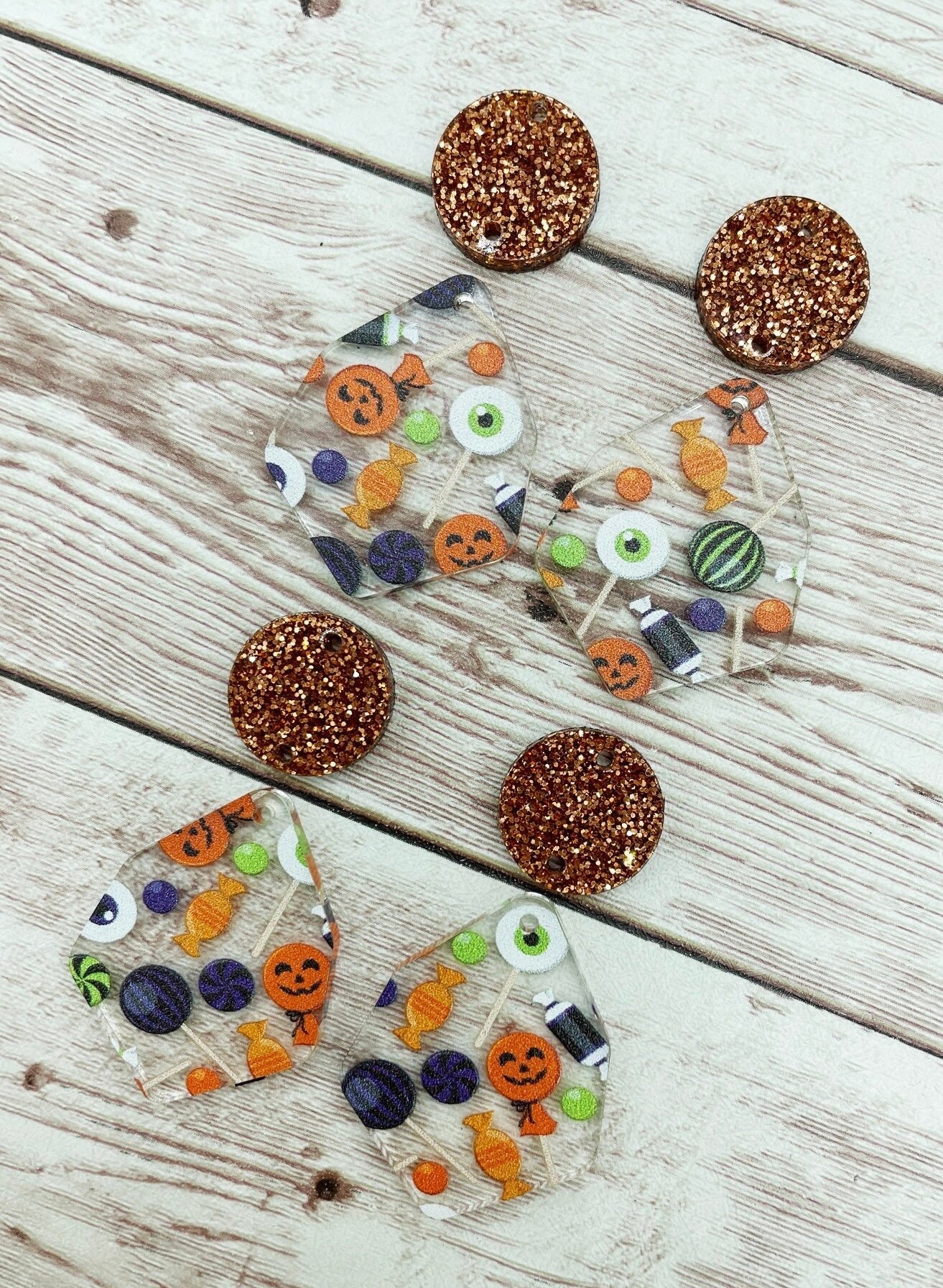 Patterned Halloween Candy Acrylic and Orange Glitter Circle Set Earring Blanks, DIY Jewelry Making