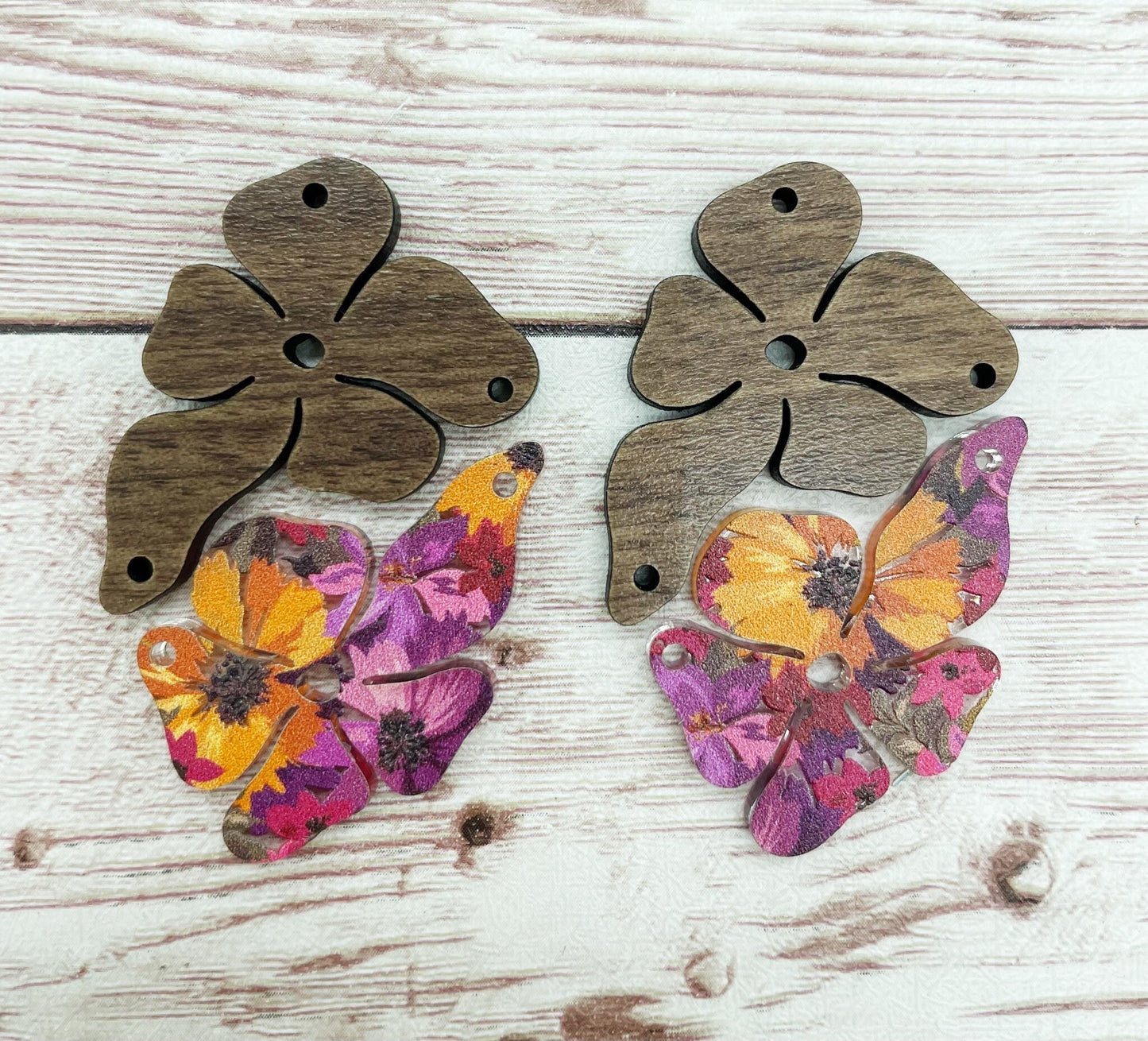 Wood and Plum Orange Floral Flower Set Earring Blanks, DIY Jewelry Making