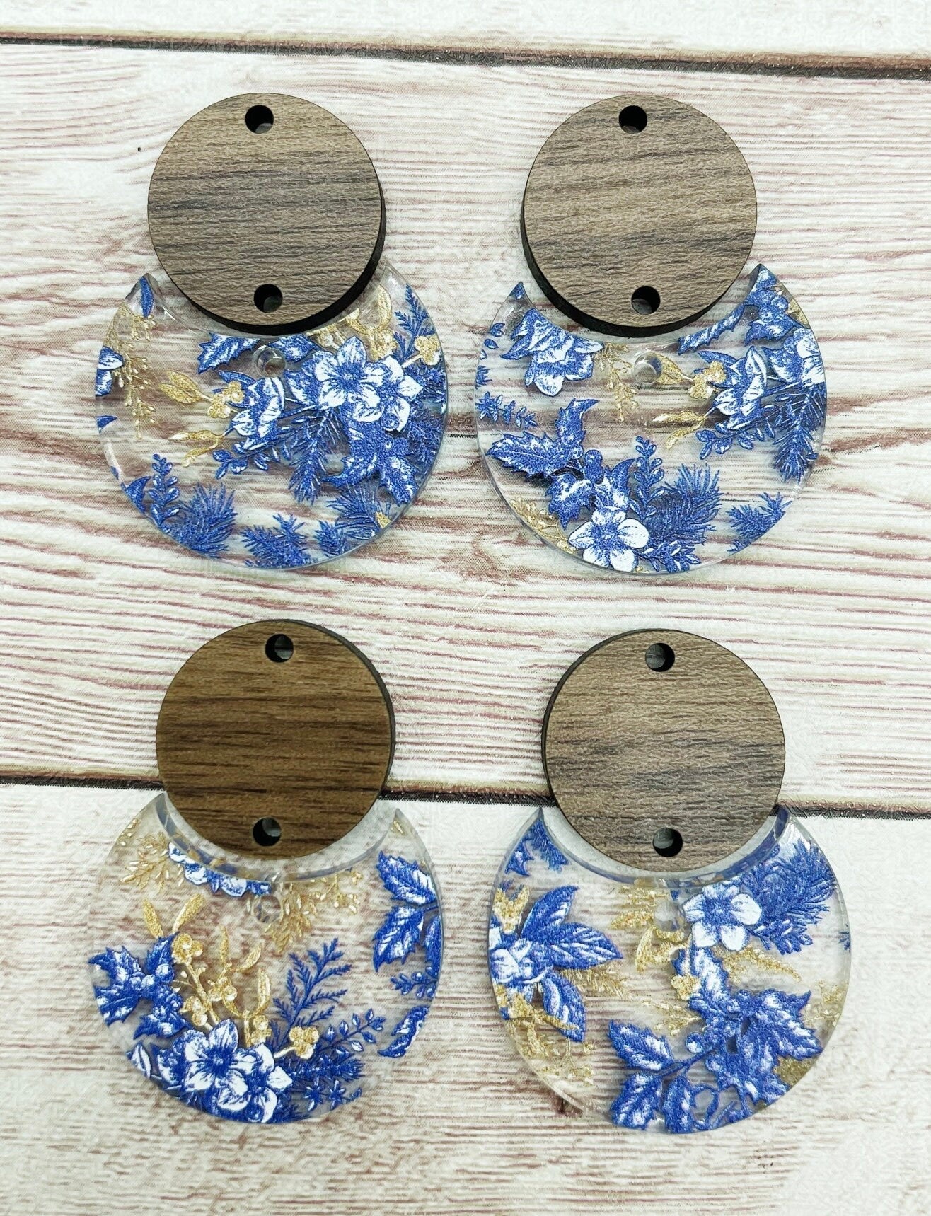 Patterned Blue Vintage Christmas Holiday Floral Acrylic and Wood Circle Set Earring Blanks, DIY Jewelry Making