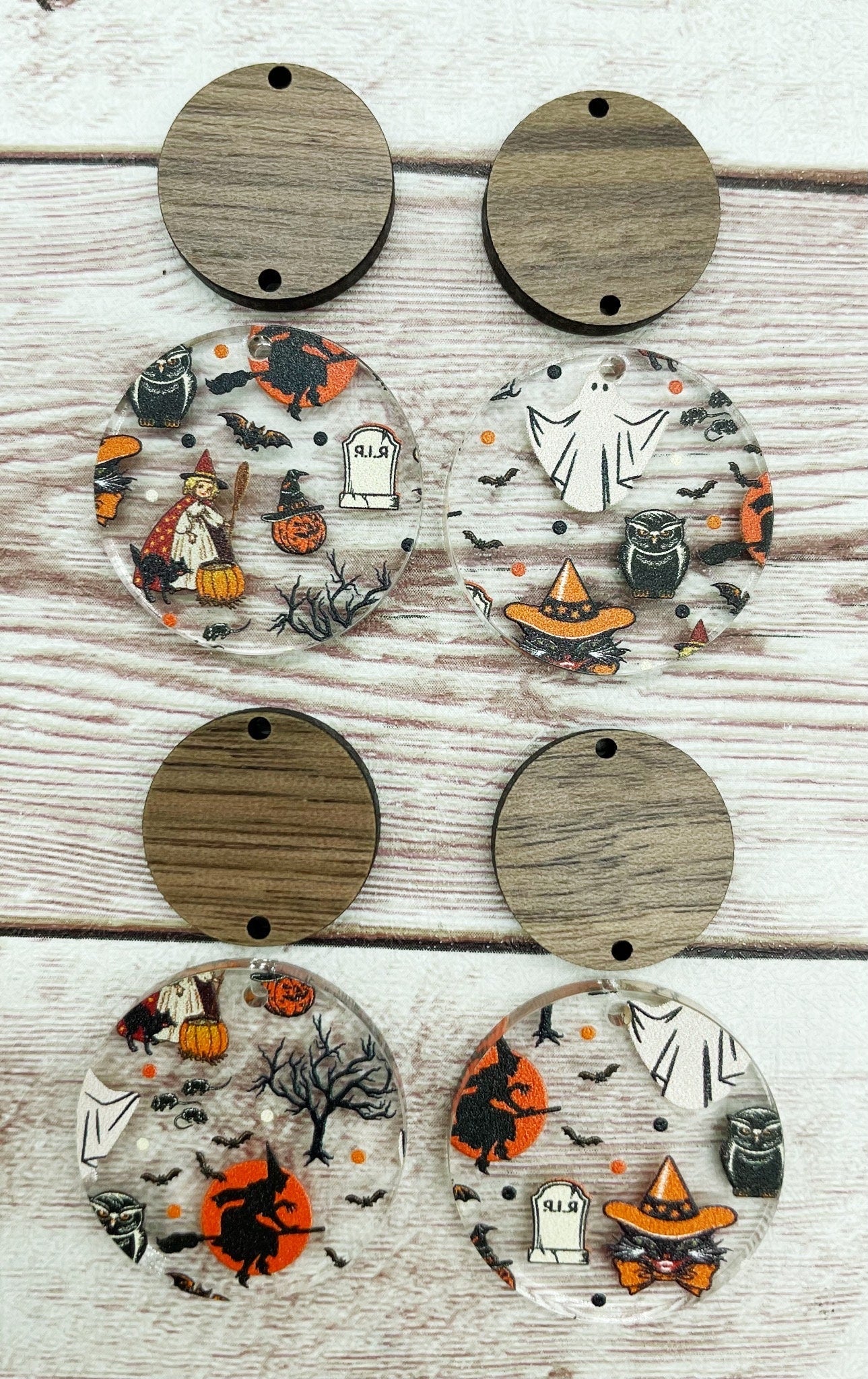 Vintage Halloween Print Acrylic and Wood Circle Set Earring Blanks, DIY Jewelry Making