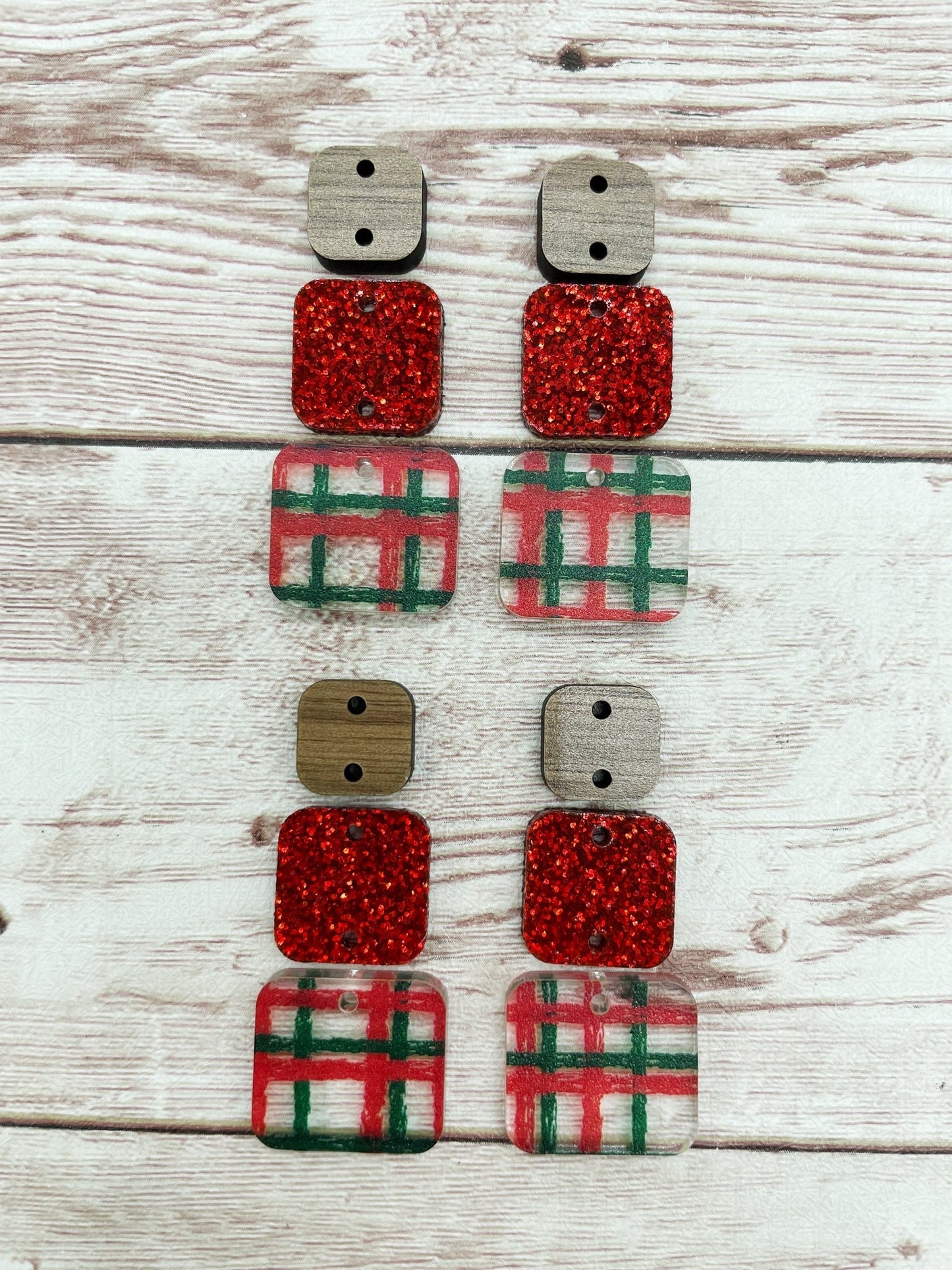 Christmas Red Green Plaid Glitter Acrylic and Wood Square Trio Set Earring Blanks, DIY Jewelry Making