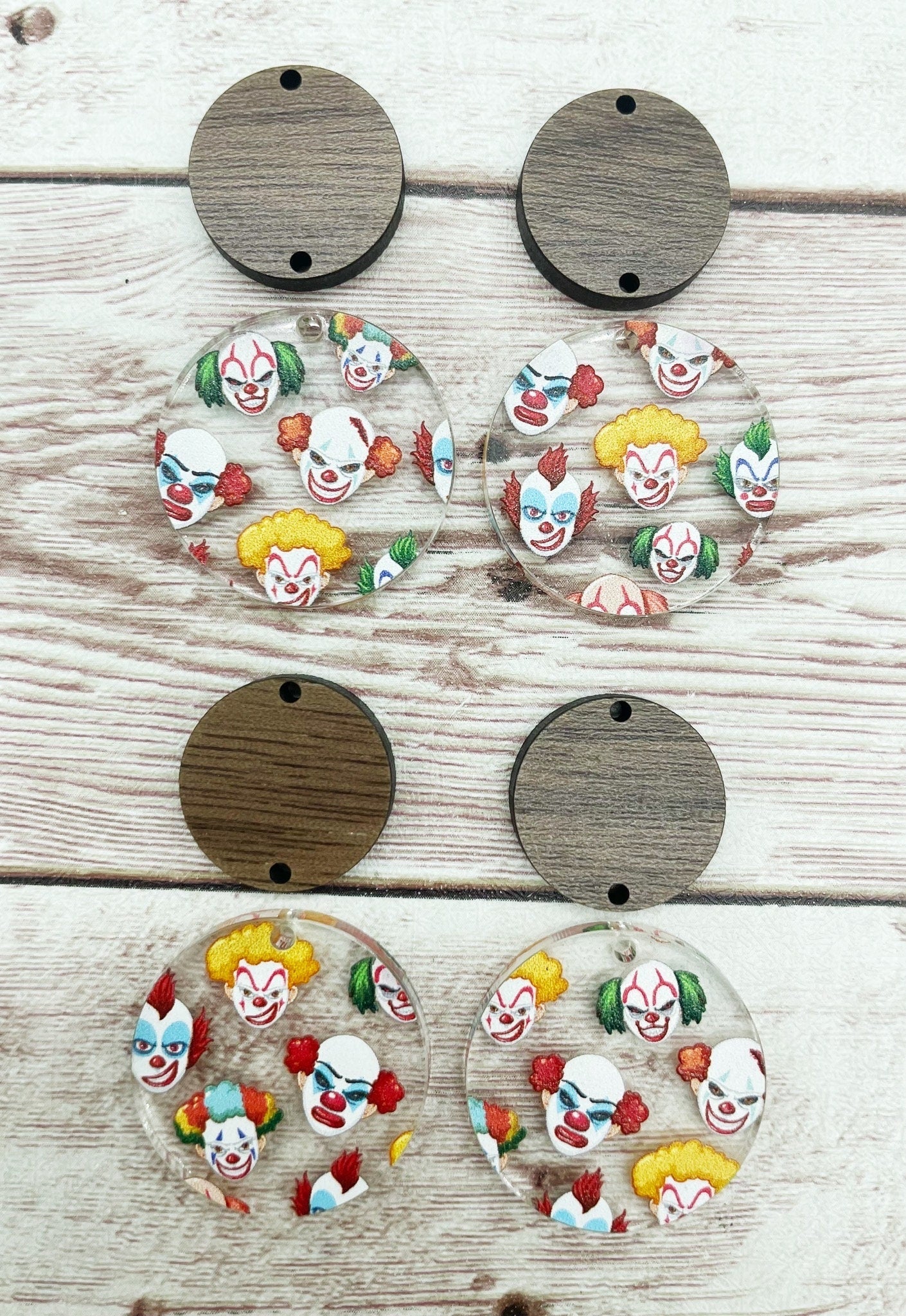 Scary Clown Acrylic and Wood Circle Set Halloween Earring Blanks, DIY Jewelry Making
