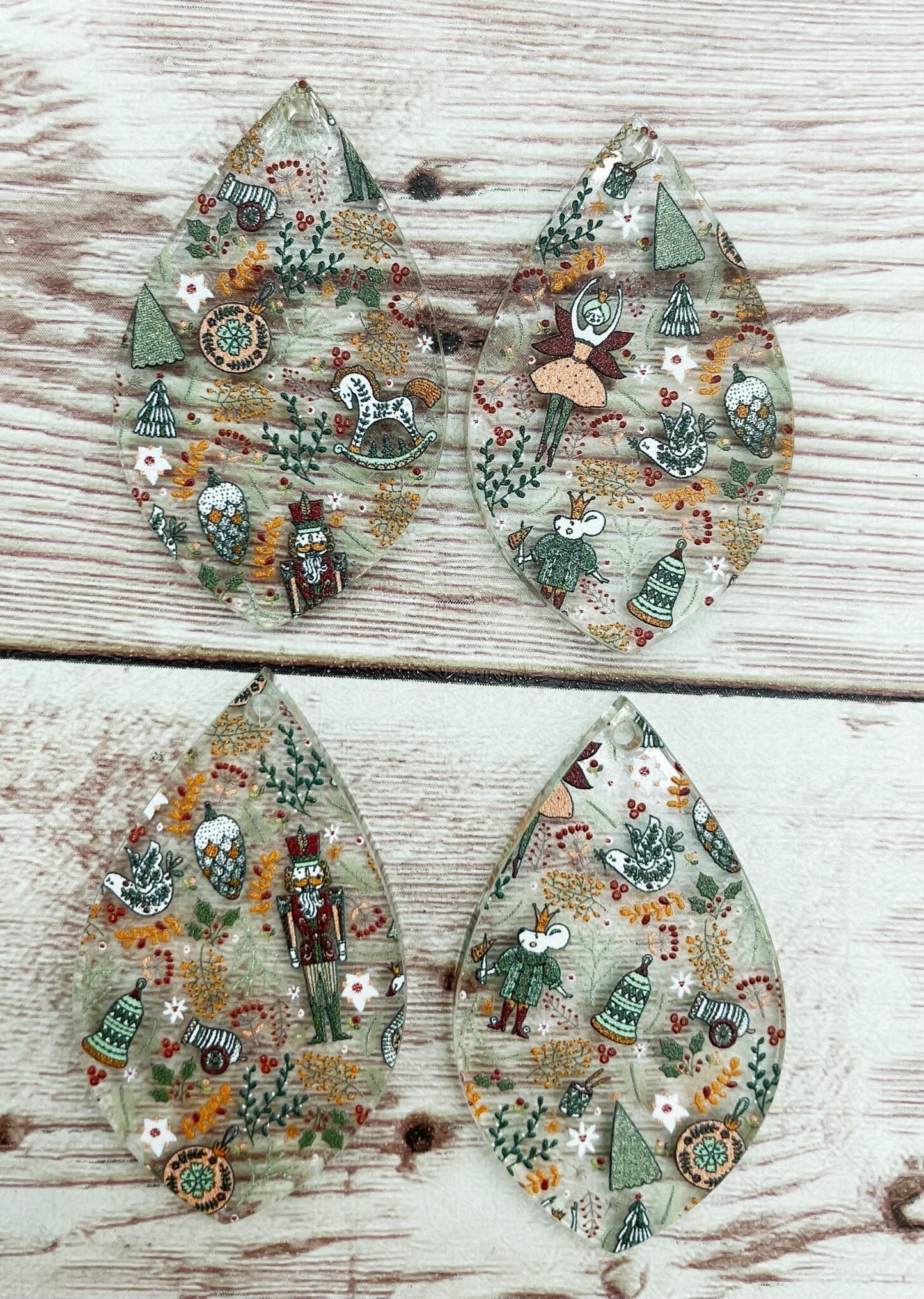 Nutcracker Print Acrylic Teardrop Earring Blanks, DIY Jewelry Making