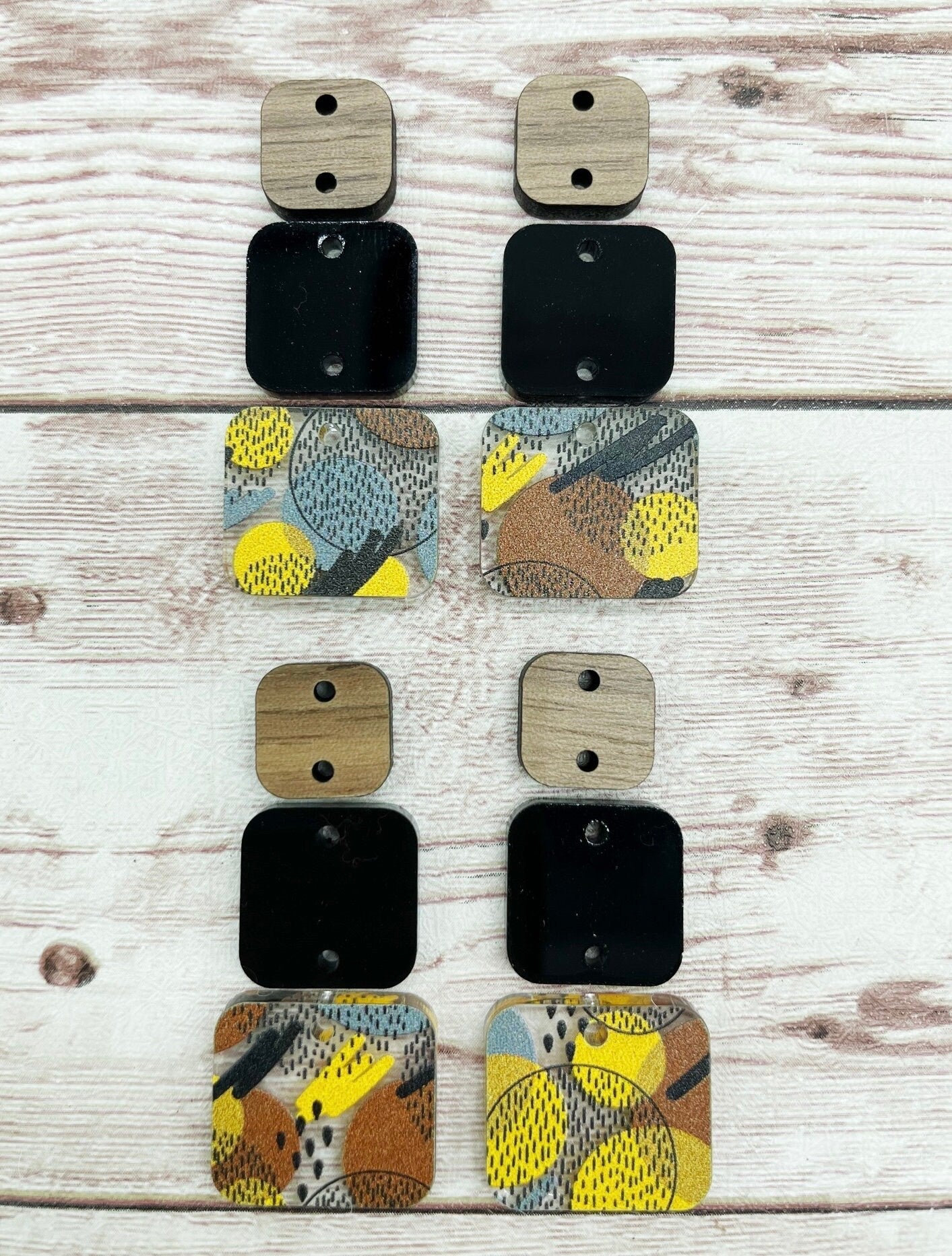 Neutral Retro Acrylic Black Acrylic and Wood Square Trio Set Earring Blanks, DIY Jewelry Making