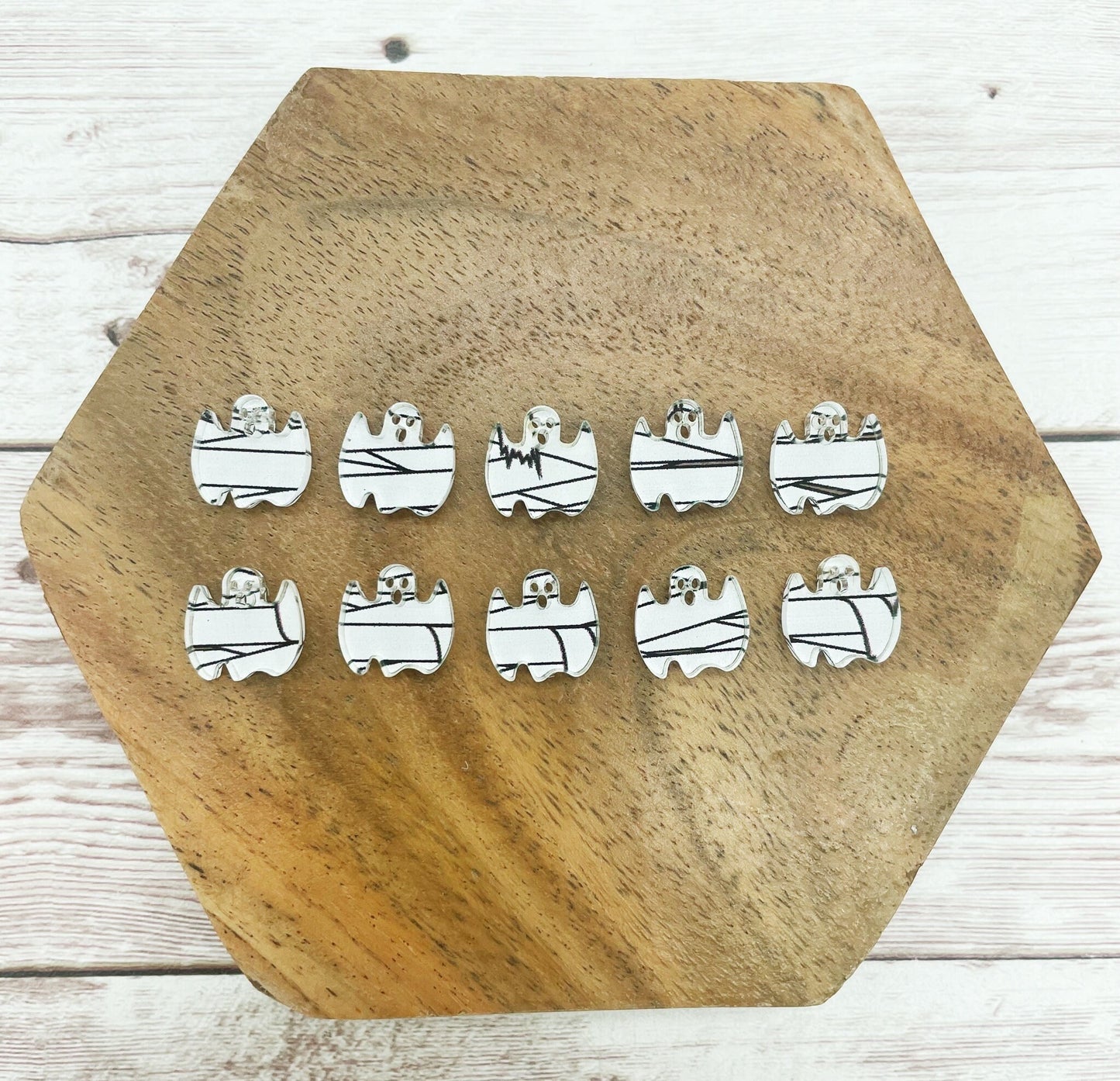 Acrylic Mummy Print Ghost Halloween Stud Earring Blanks Set of 5 Pair DIY Jewelry Making