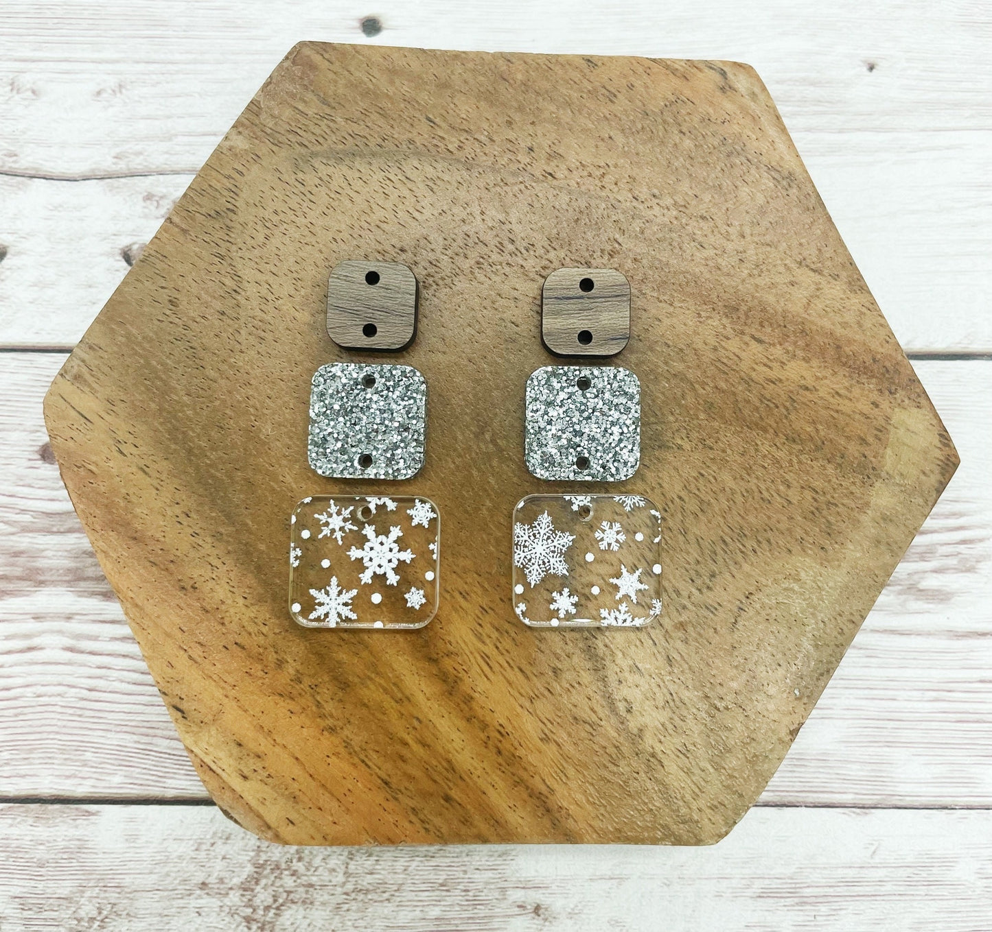 Winter Snowflake Print Acrylic Silver Glitter Acrylic and Wood Square Trio Set Earring Blanks, DIY Jewelry Making