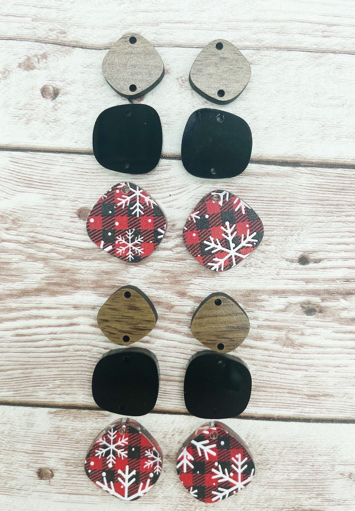 Winter Buffalo Plaid Snowflake Print Acrylic Black Acrylic and Wood Trio Set Earring Blanks, DIY Jewelry Making