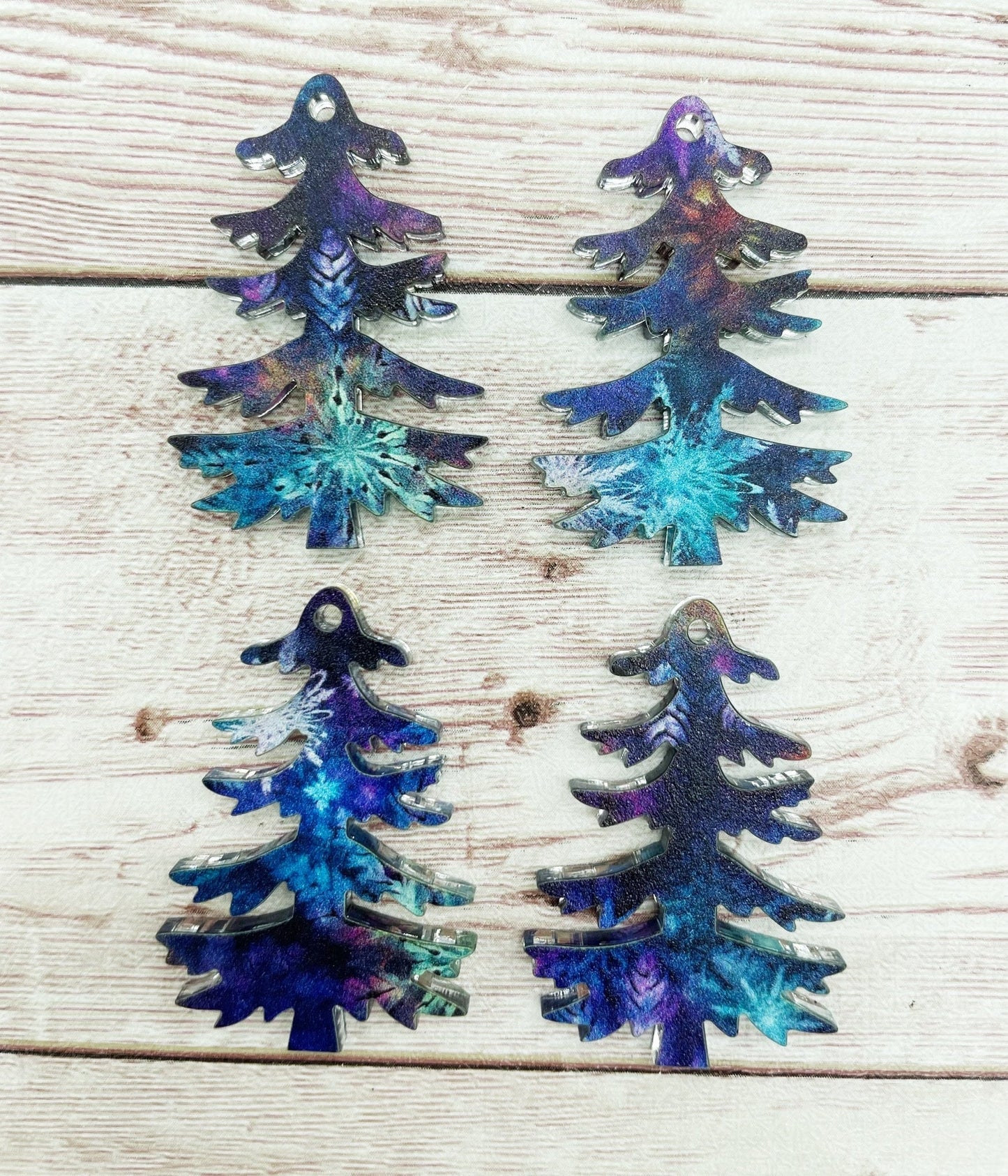 Patterned Blue Purple Snowflake Print Christmas Tree Acrylic Earring Blanks, DIY Jewelry Making