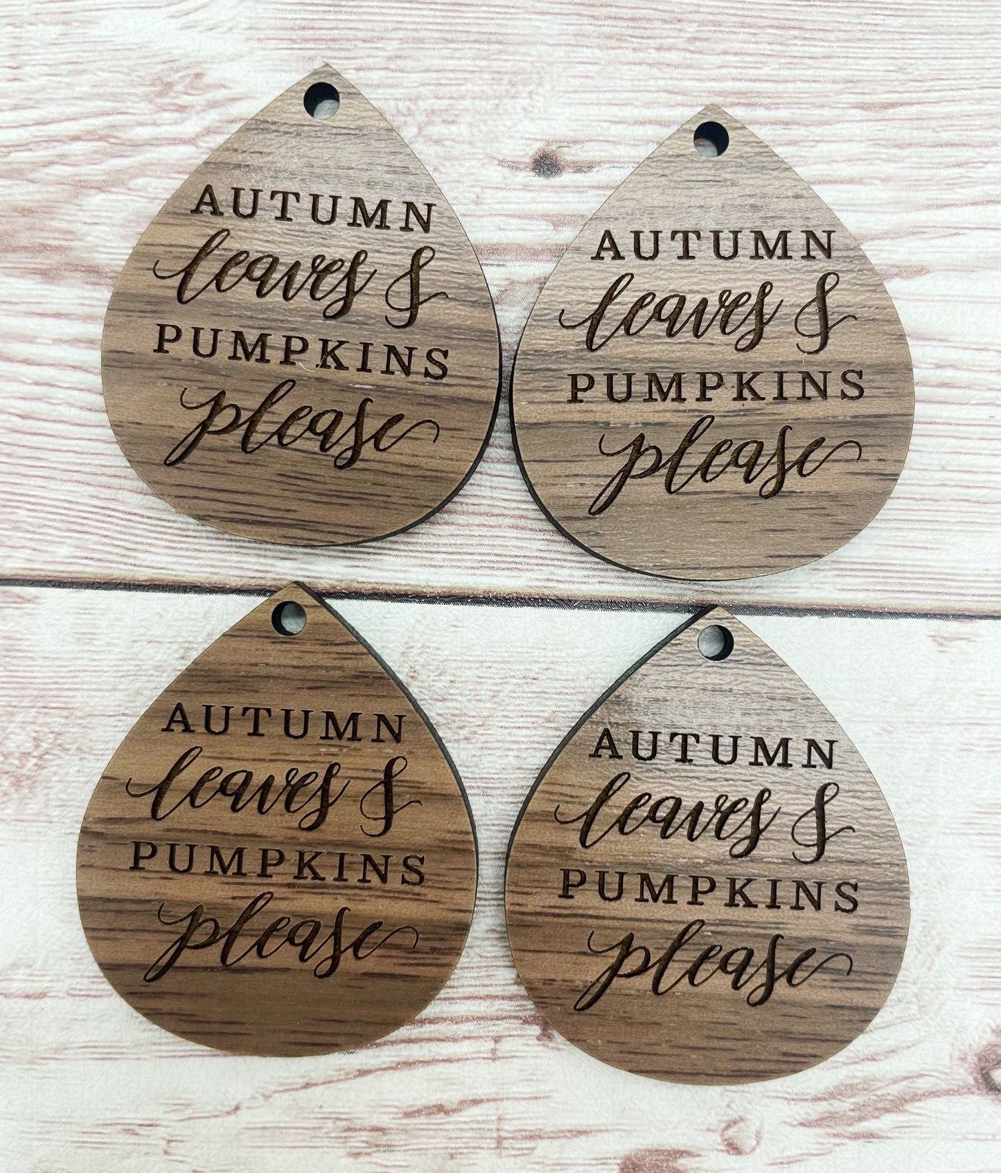 Wood Teardrop Engraved Autumn Leaves and Pumpkins Earring Blanks, Finished Walnut Blank, DIY Jewelry Making