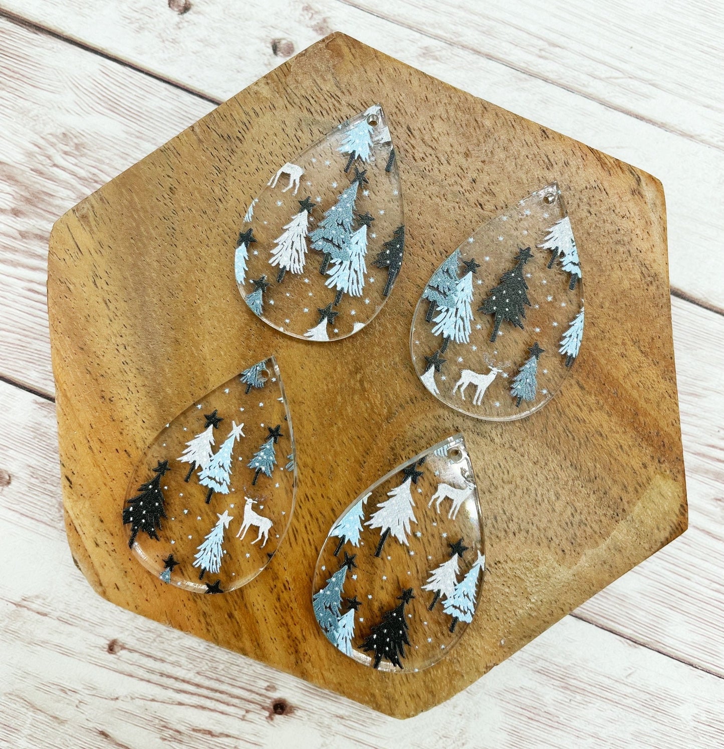 Patterned Blue Grey Tree Deer Print Winter Christmas Acrylic Teardrop Earring Blanks, DIY Jewelry Making