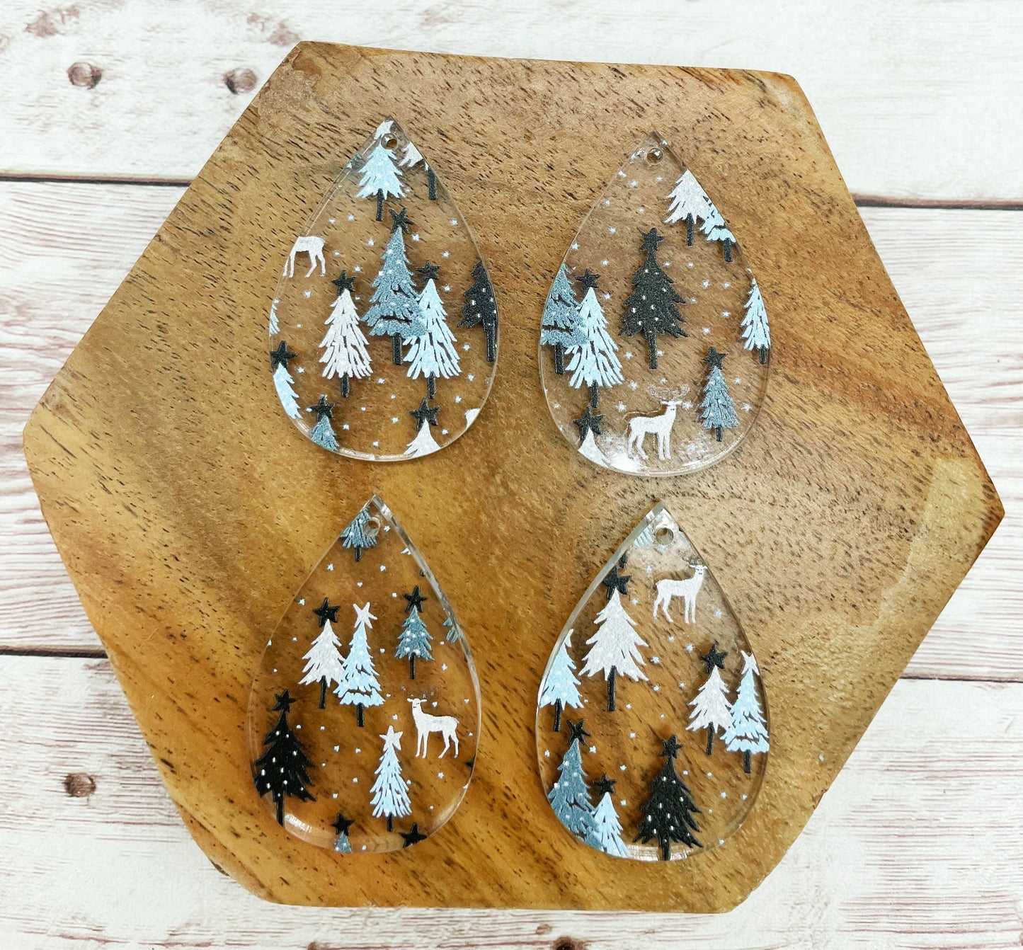 Patterned Blue Grey Tree Deer Print Winter Christmas Acrylic Teardrop Earring Blanks, DIY Jewelry Making