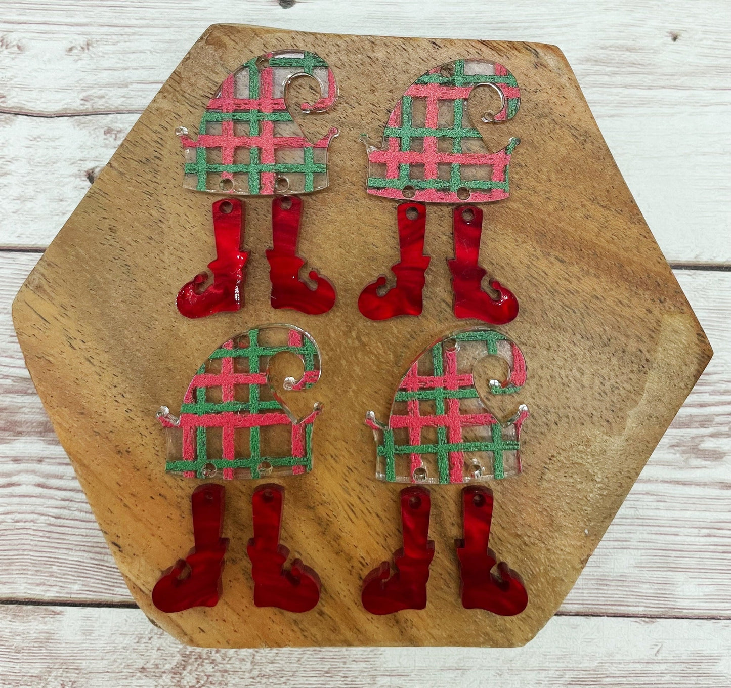 Red Green Patterned Elf Acrylic Christmas Earring Blanks, DIY Jewelry Making