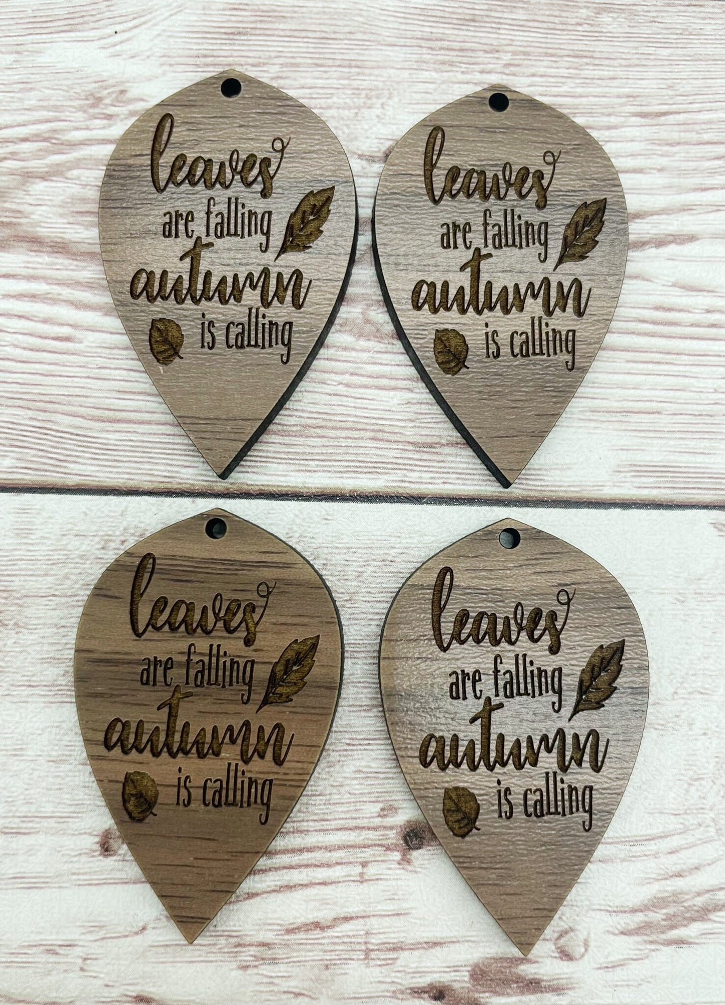 Wood Teardrop Engraved Leaves are Falling Earring Blanks, Finished Walnut Blank, DIY Jewelry Making