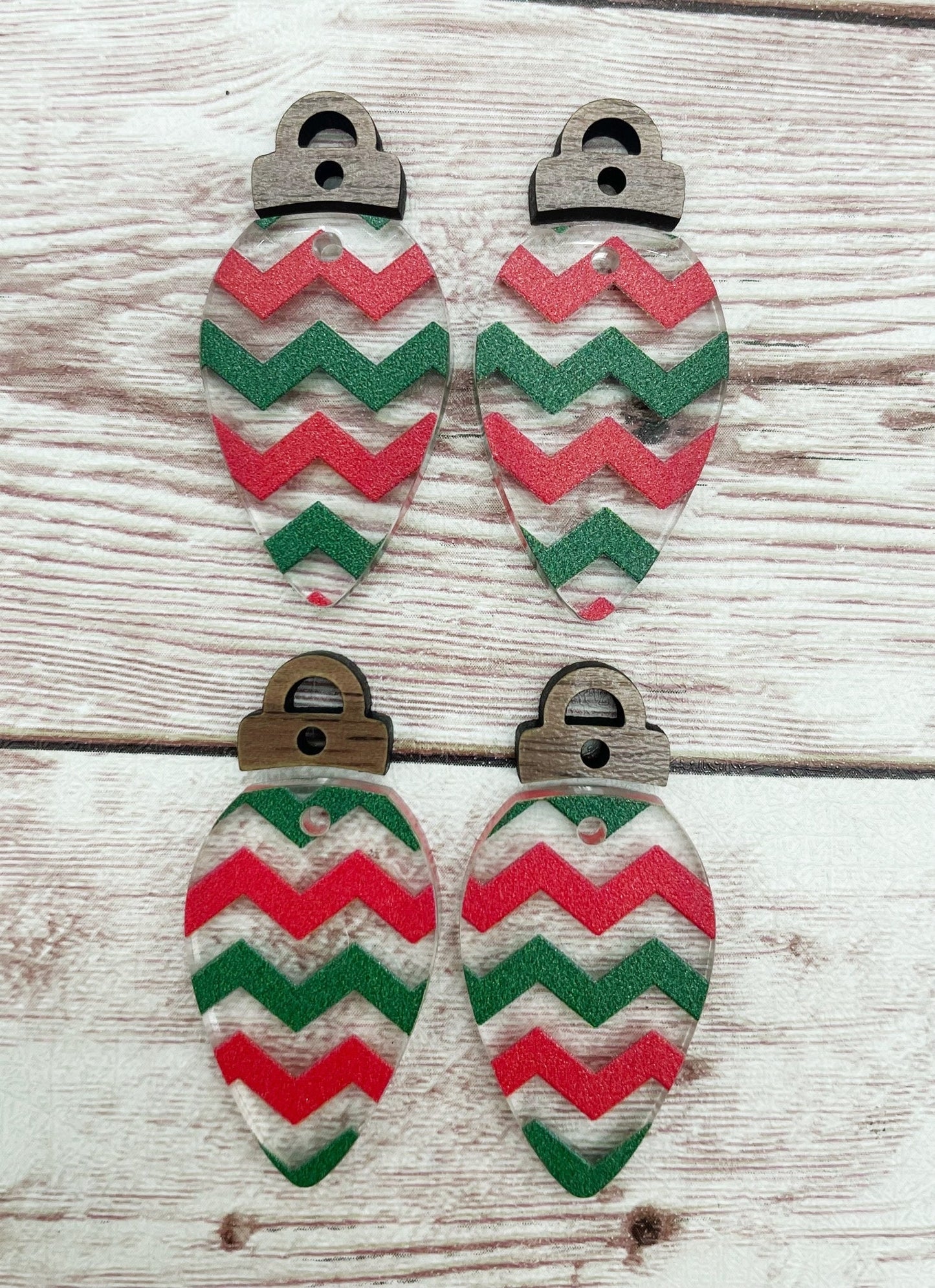 Christmas Zigzag Print Lightbulb Acrylic and Wood Connector Set Earring Blanks, DIY Jewelry Making