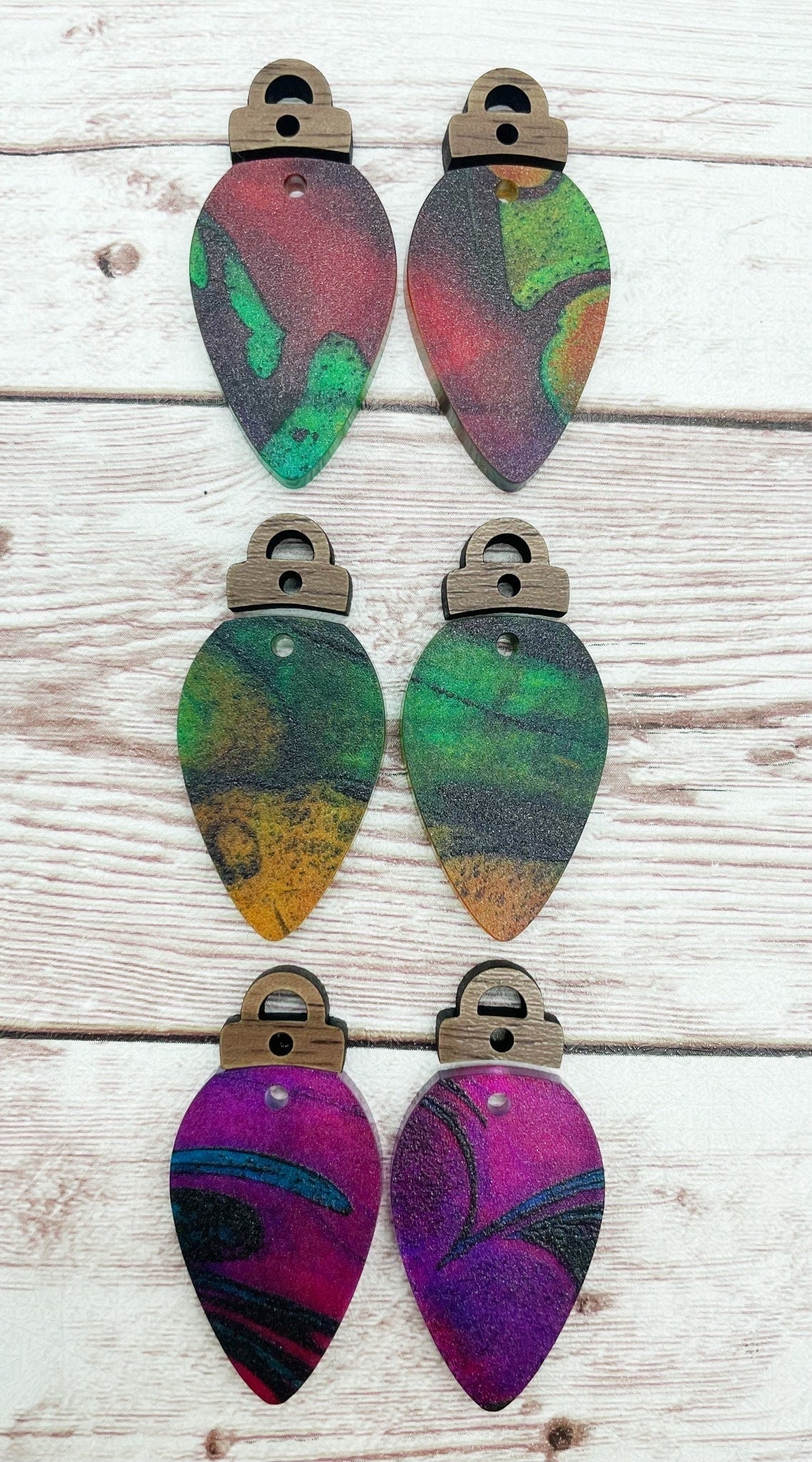 Christmas Colorful Print Lightbulb Acrylic and Wood Connector Set Earring Blanks, DIY Jewelry Making