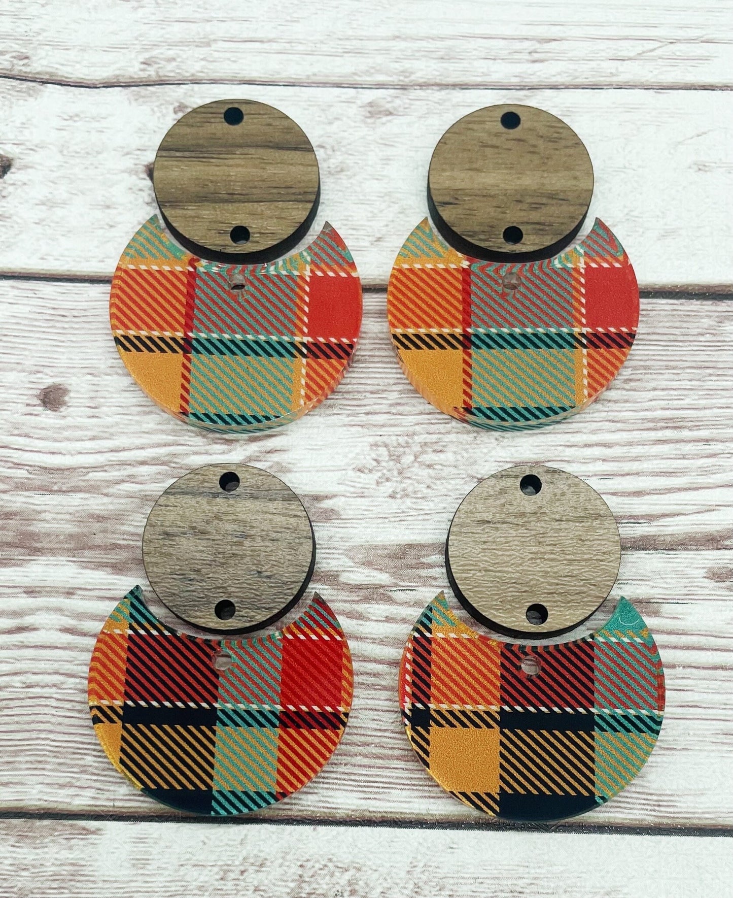 Patterned Black Plaid Acrylic and Wood Circle Set Earring Blanks, DIY Jewelry Making