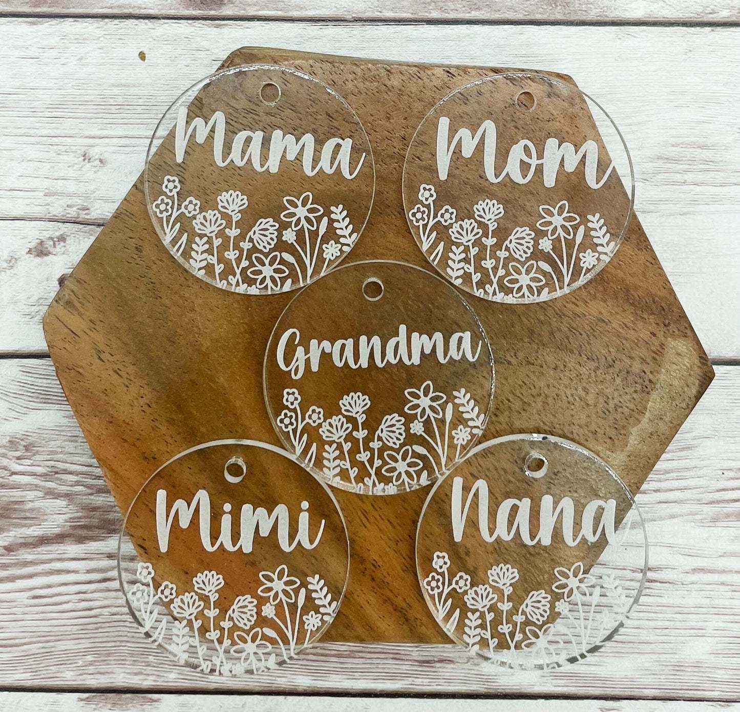 Mom Mama Grandma Nana Mimi Floral Engraved Acrylic Keychain Blanks Set of 5