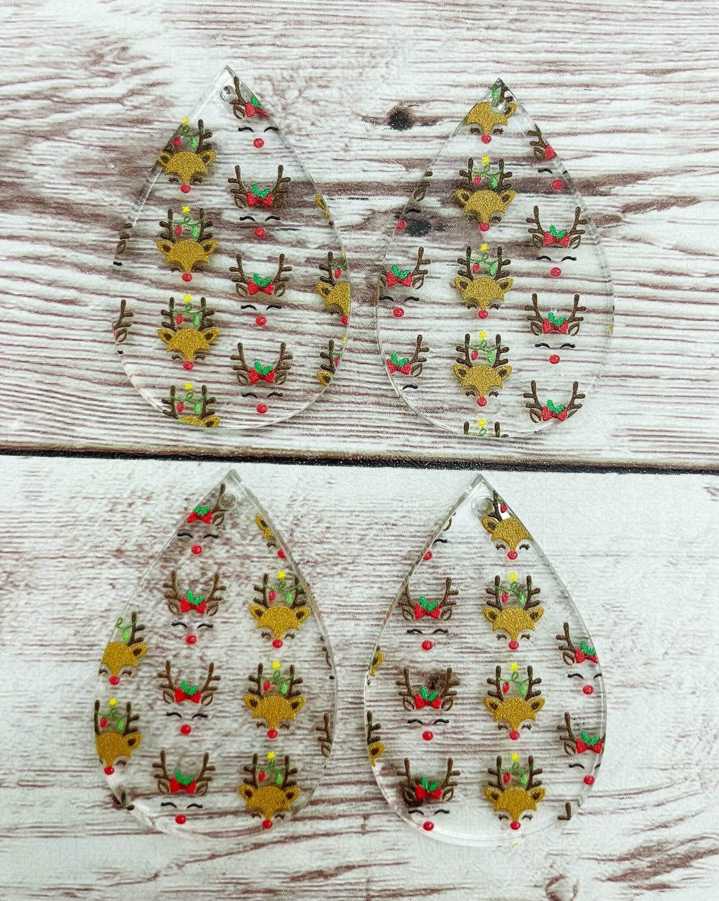 Patterned Reindeer Print Christmas Acrylic Teardrop Earring Blanks, DIY Jewelry Making