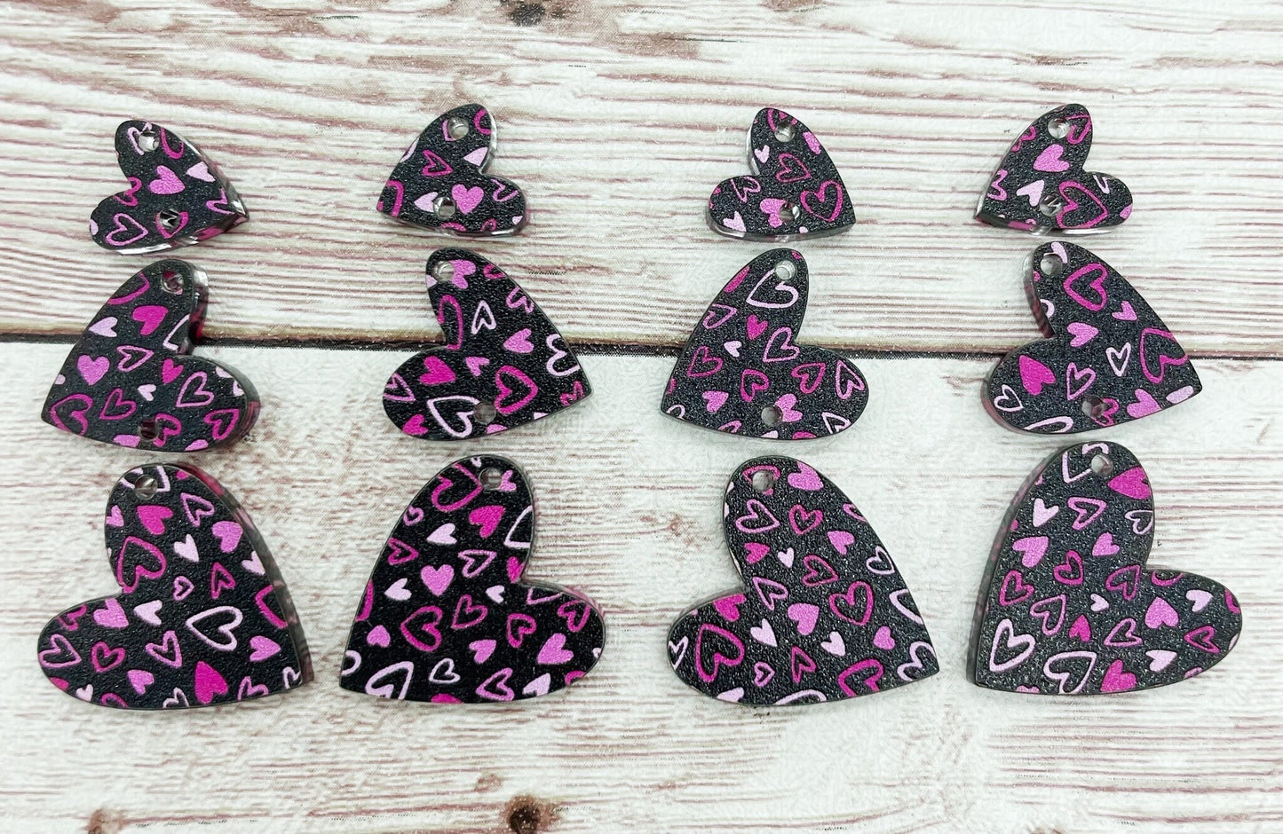 Black Heart Print Acrylic Heart Trio Valentine’s Earring Blanks, DIY Jewelry Making