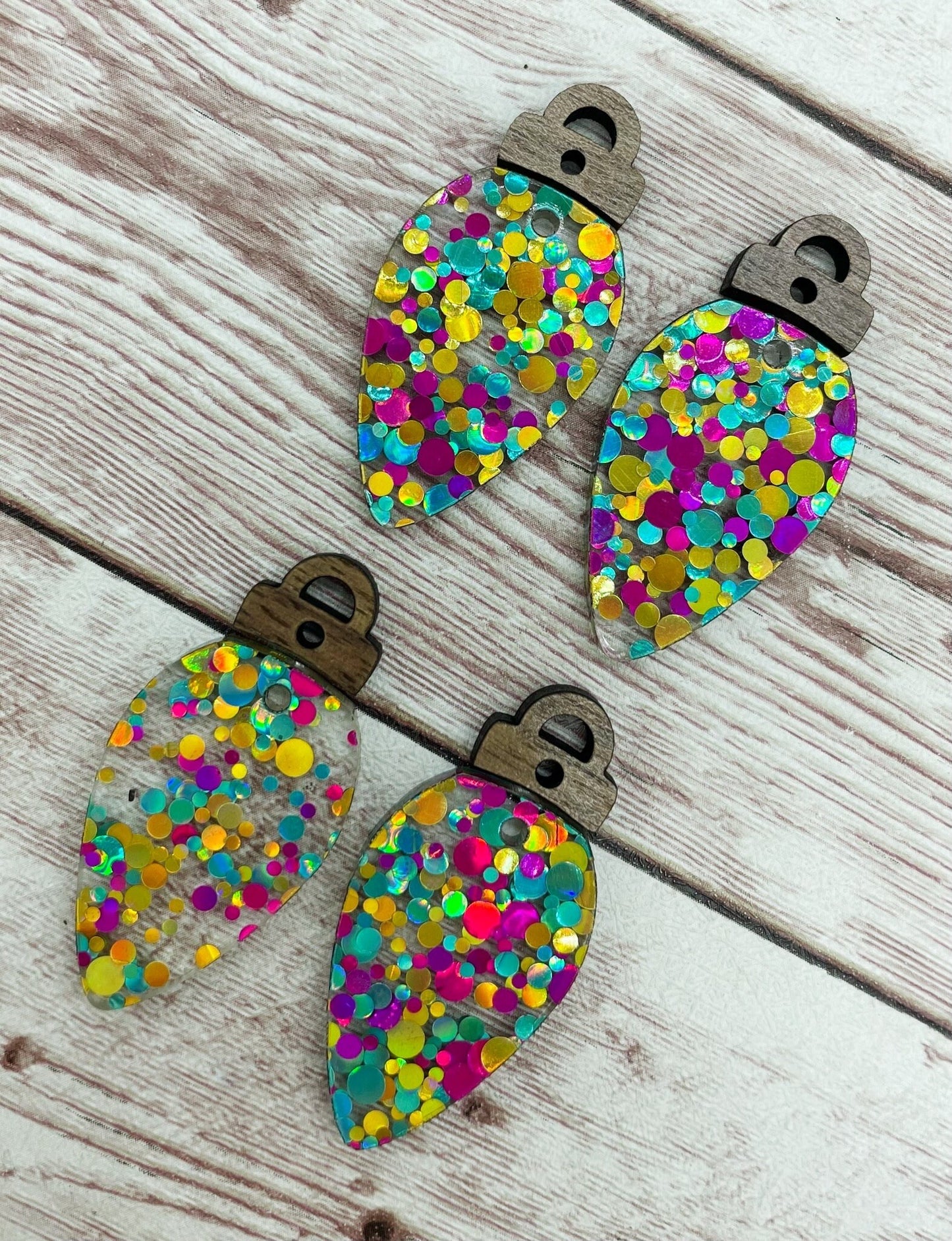 Christmas Glitter Dot Lightbulb Acrylic and Wood Connector Set Earring Blanks, DIY Jewelry Making