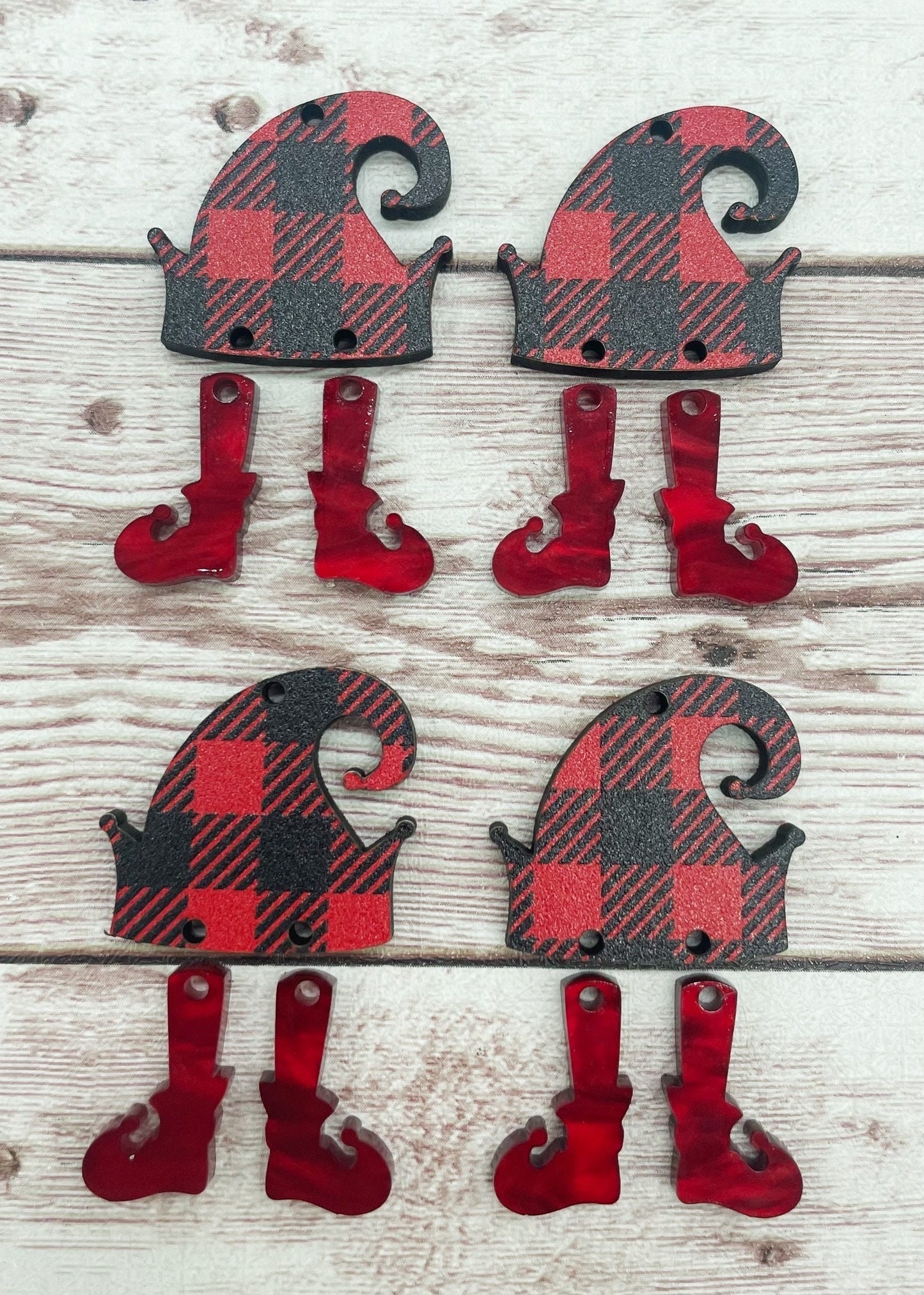 Red Black Plaid Elf Patterned Wood and Acrylic Christmas Earring Blanks, DIY Jewelry Making