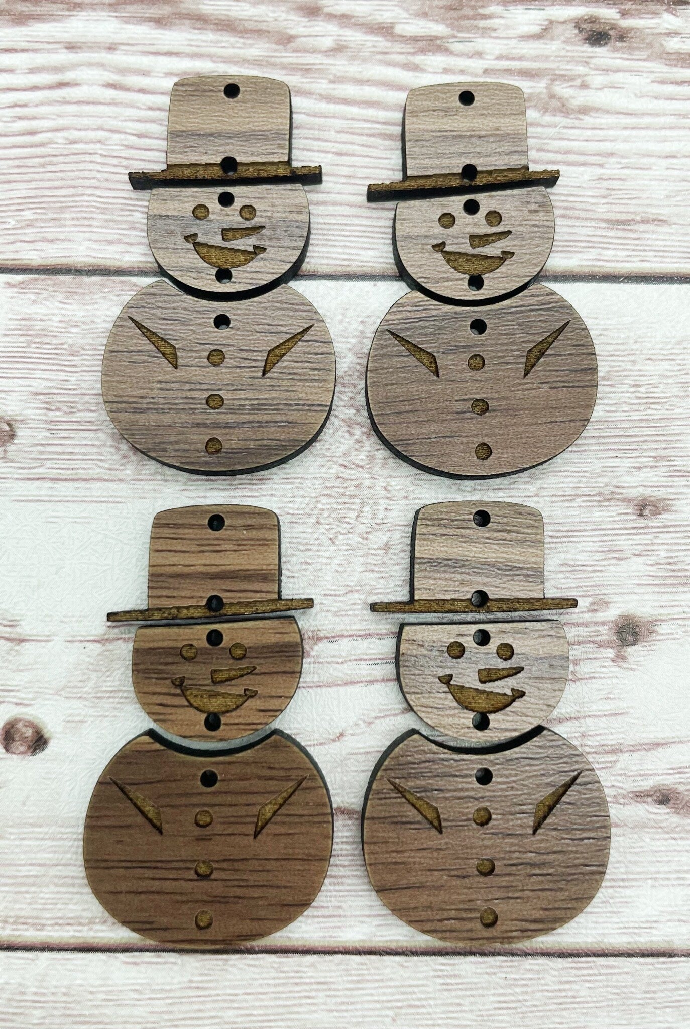 Wood Engraved Winter Snowman Trio Earring Blanks, Finished Walnut Blank, DIY Jewelry Making