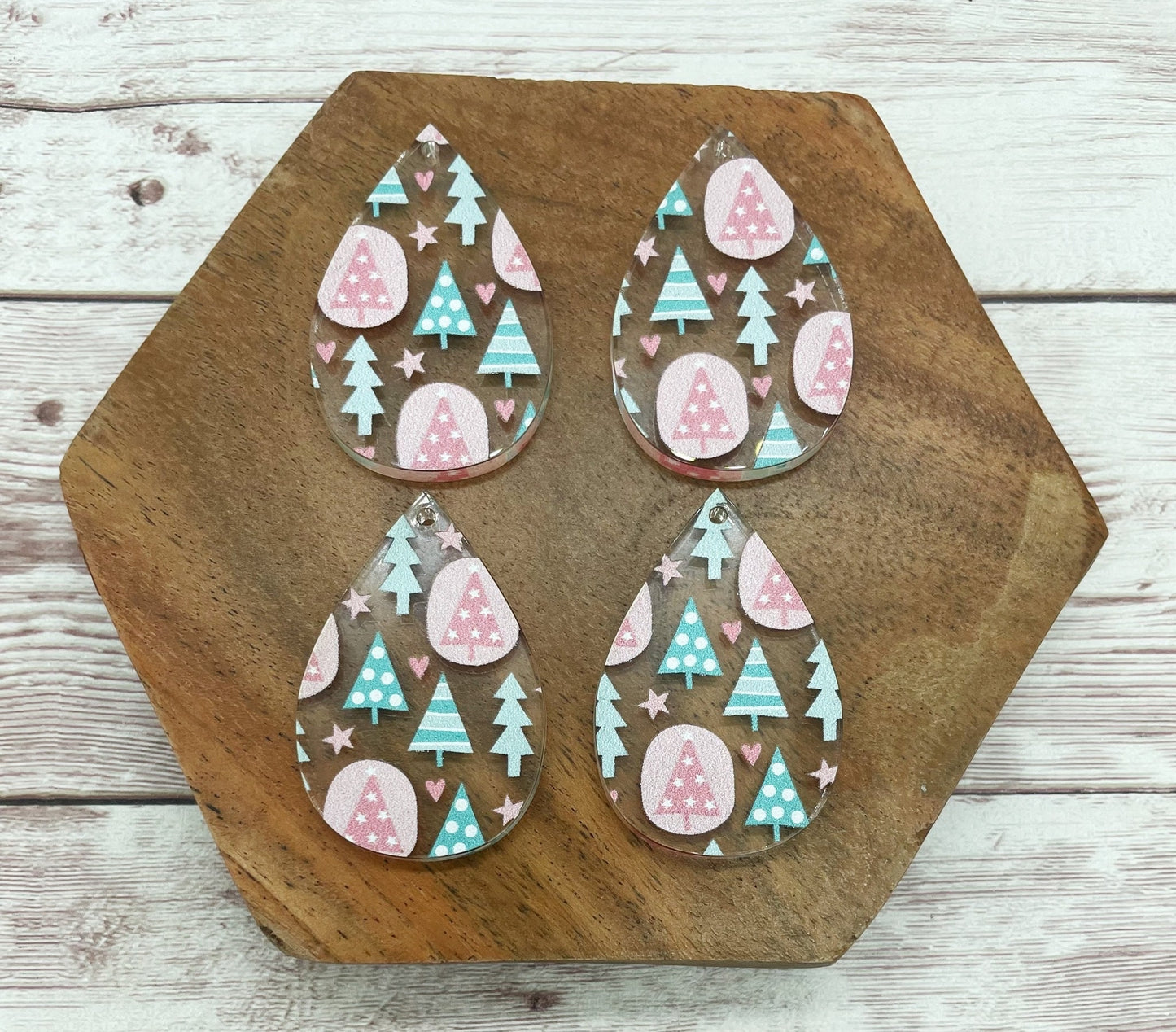 Patterned Pink and Mint Christmas Tree Print Winter Acrylic Teardrop Earring Blanks, DIY Jewelry Making