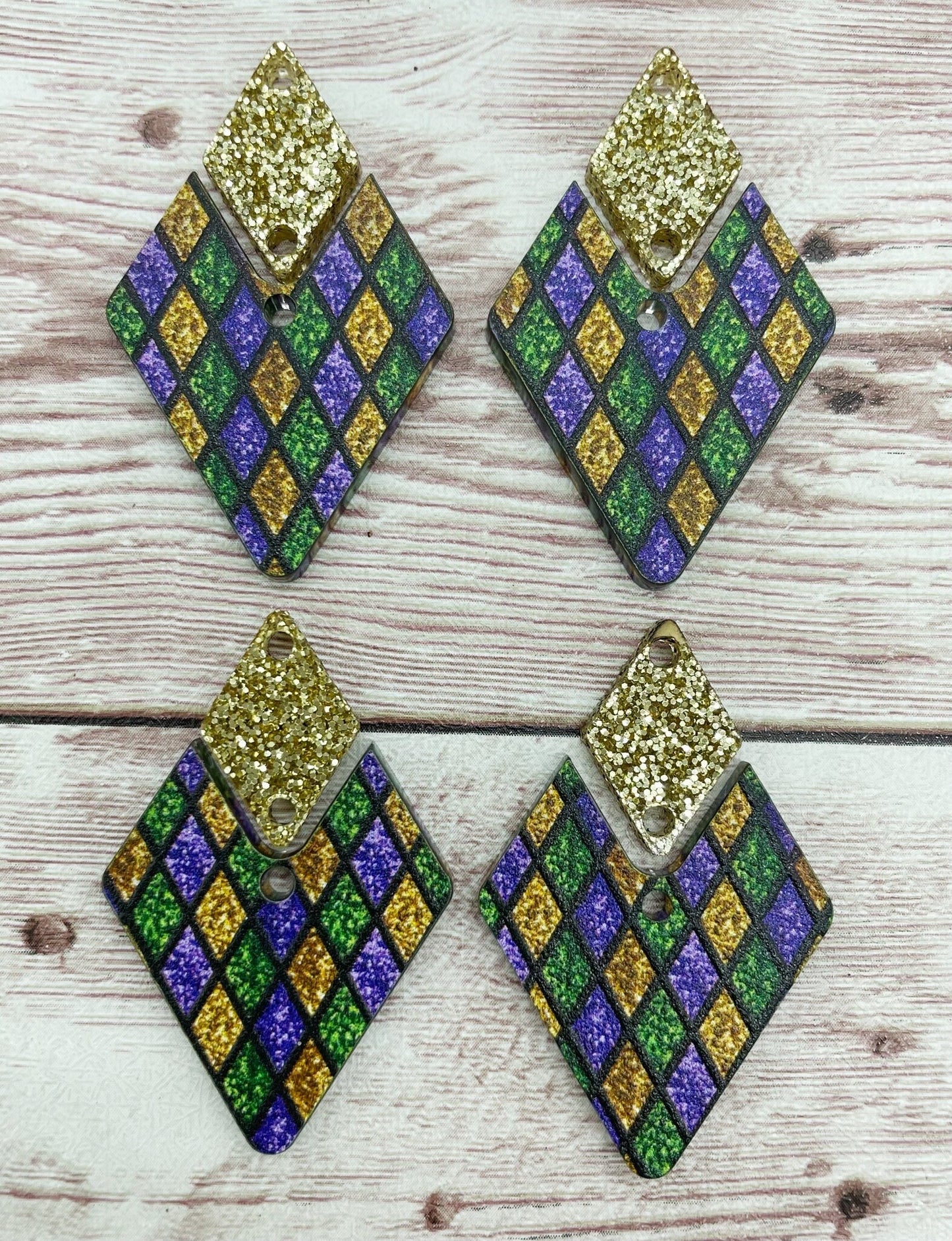 Mardi Gras Print Acrylic and Diamond Glitter Connector Set Earring Blanks, DIY Jewelry Making