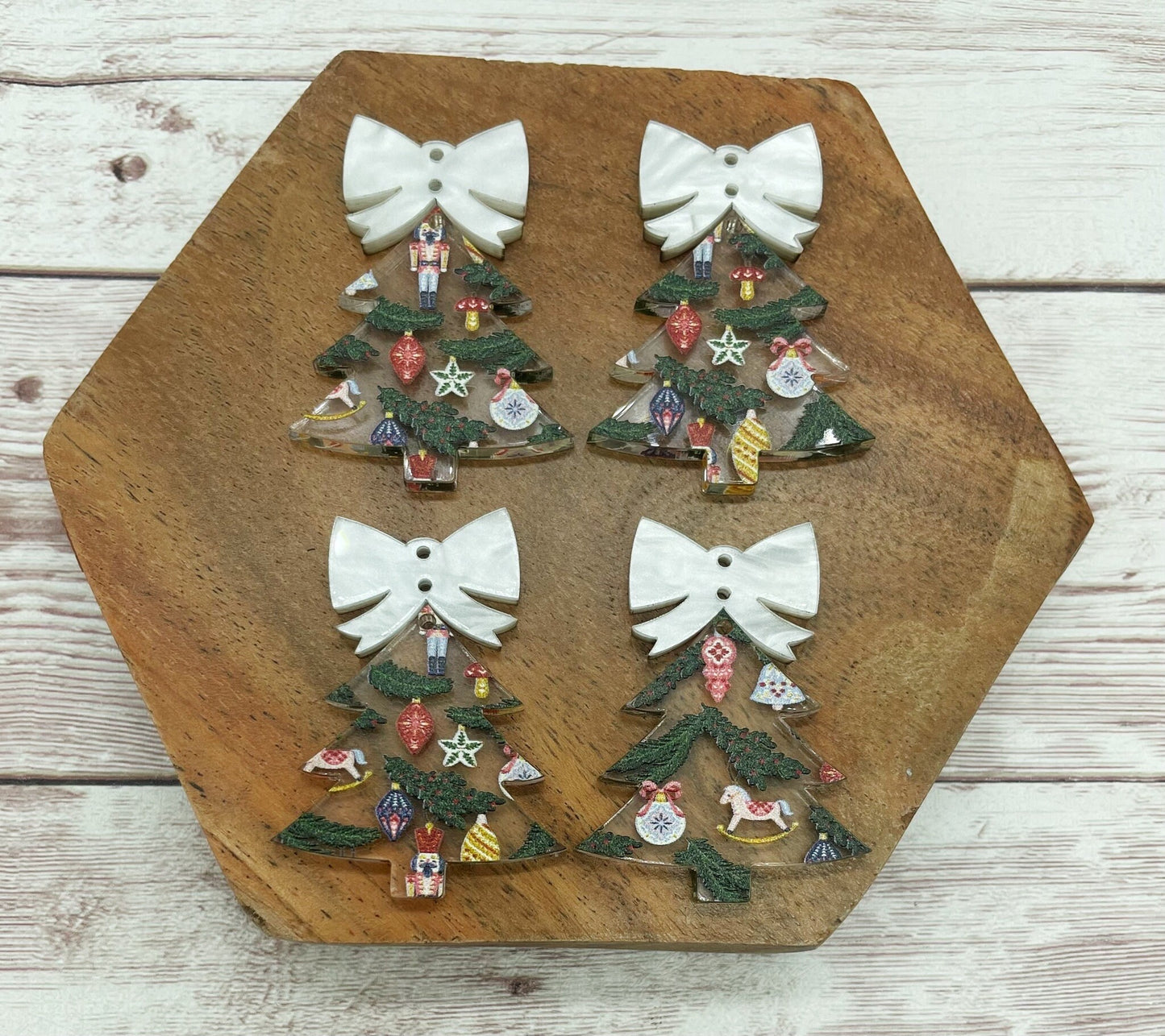 Patterned Trimmed Christmas Tree Print and Marbled Bow Connector Set Earring Blanks, DIY Jewelry Making