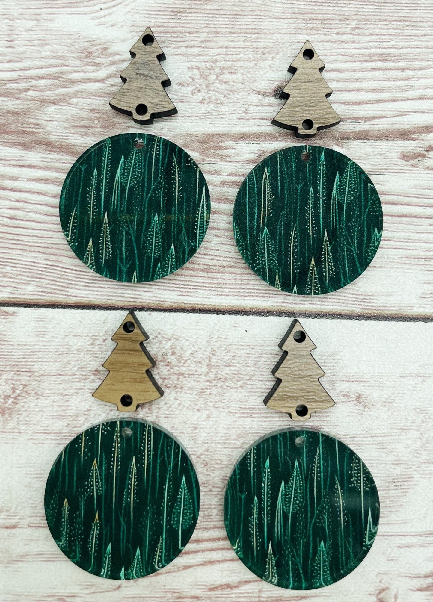 Christmas Winter Green Skinny Tree Print Acrylic and Wood Tree Connector Set Earring Blanks, DIY Jewelry Making