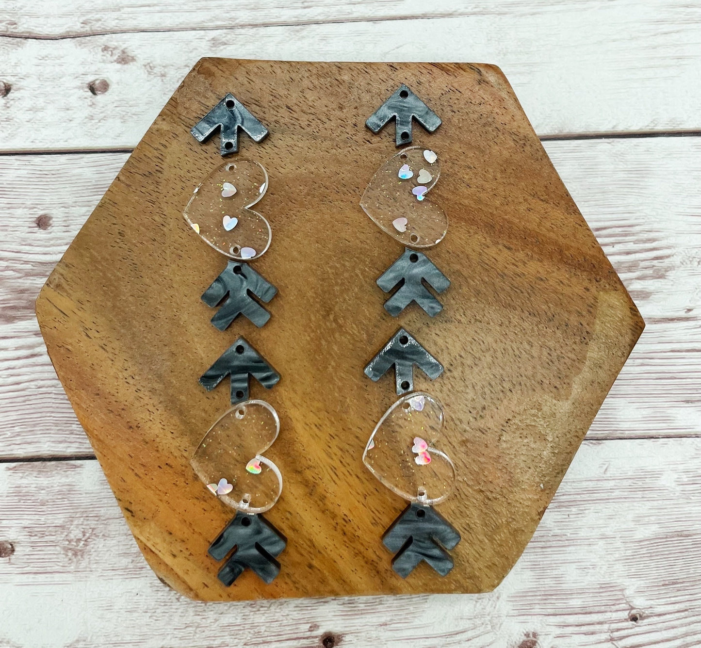 Grey Marbled and Clear Glitter Heart Arrow Acrylic Valentine’s Earring Blanks, DIY Jewelry Making