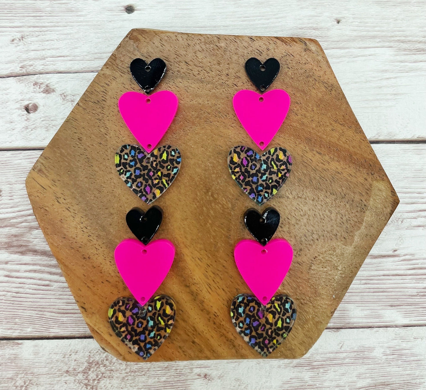 Rainbow Leopard Print Acrylic Triple Stacked Hearts Valentine’s Earring Blanks, DIY Jewelry Making