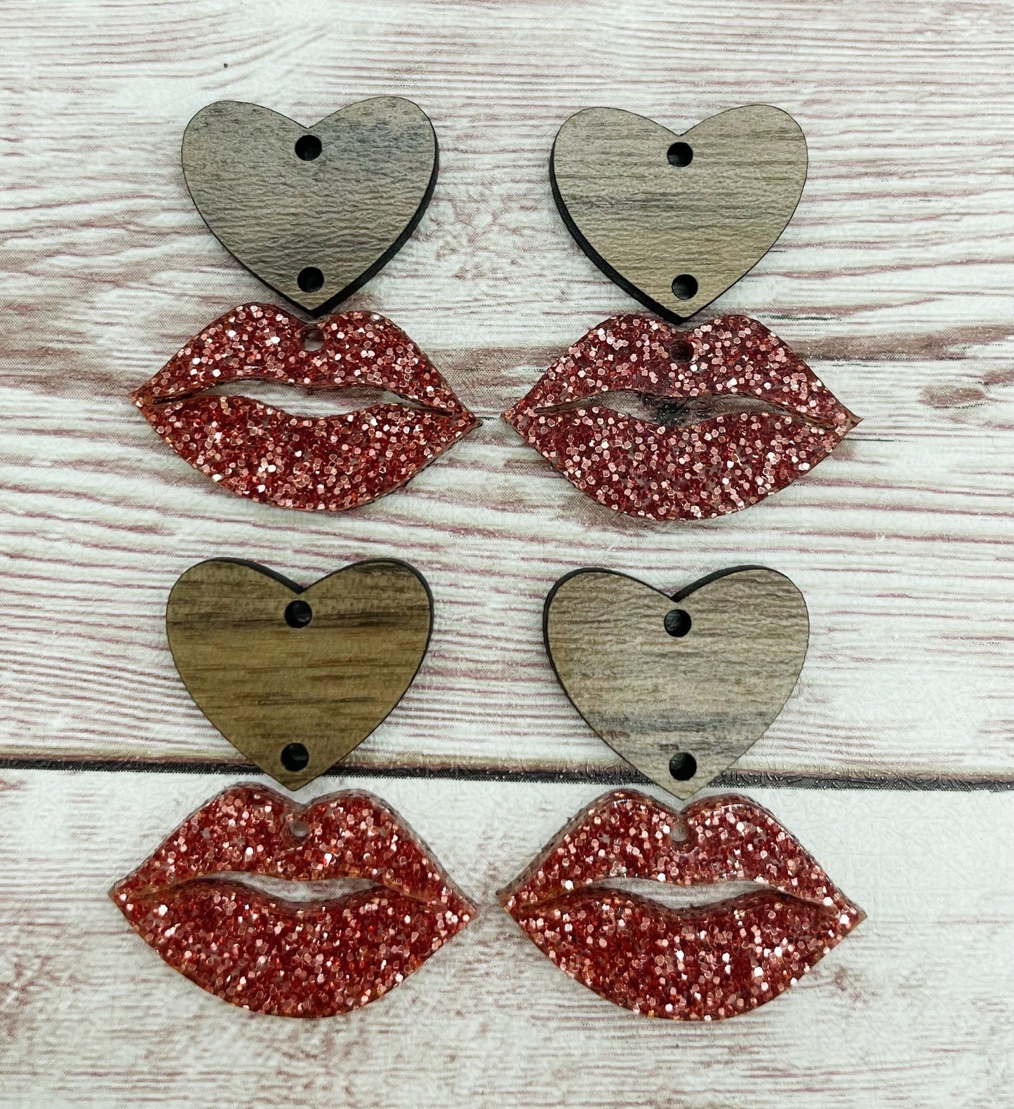 Pink Glitter Acrylic Lips and Wood Heart Set Valentine’s Earring Blanks, DIY Jewelry Making